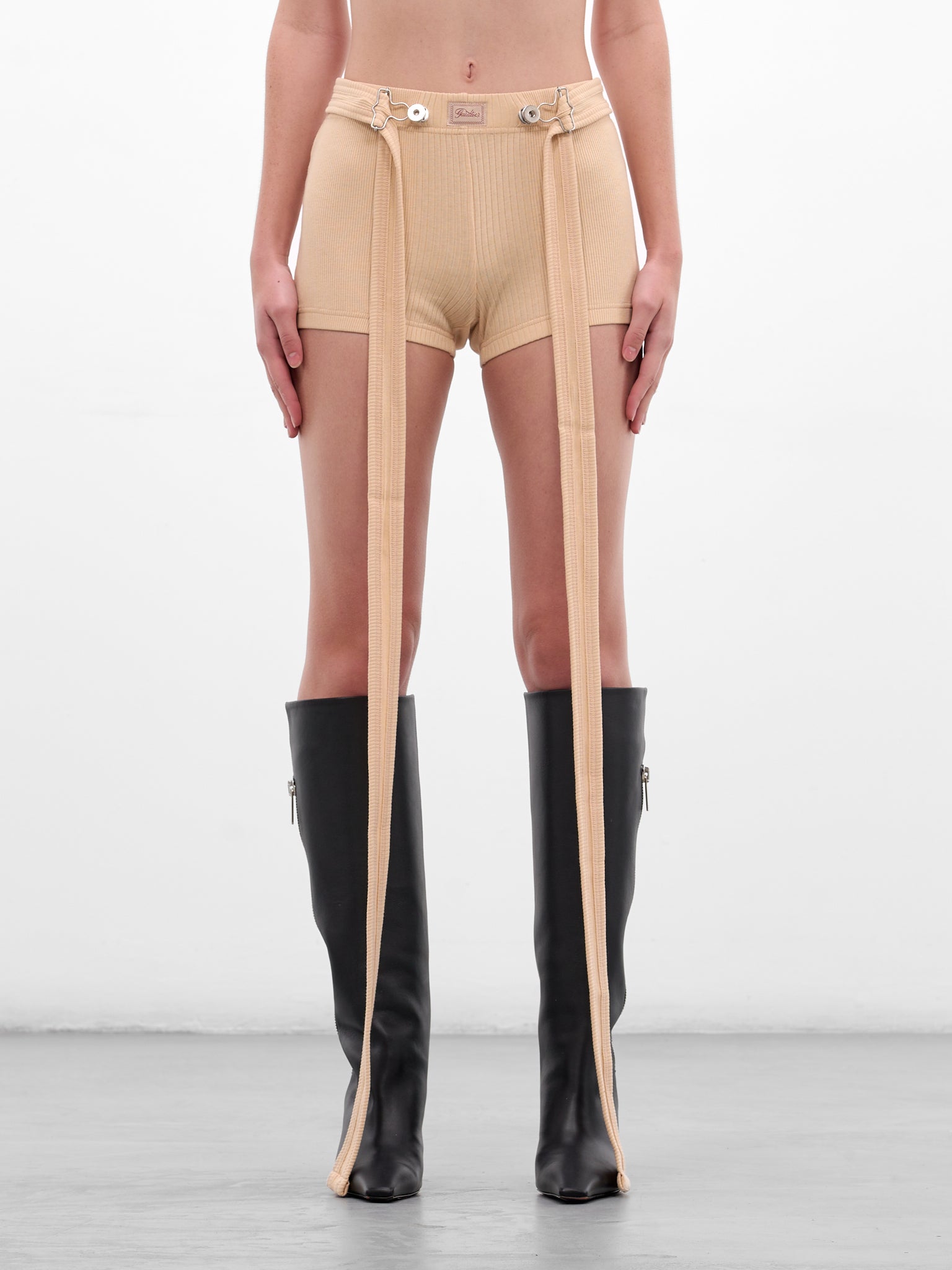 Beige Rib-Knit Cotton Strap Shorts (26/01-W-TR059-J014-63-NUDE)