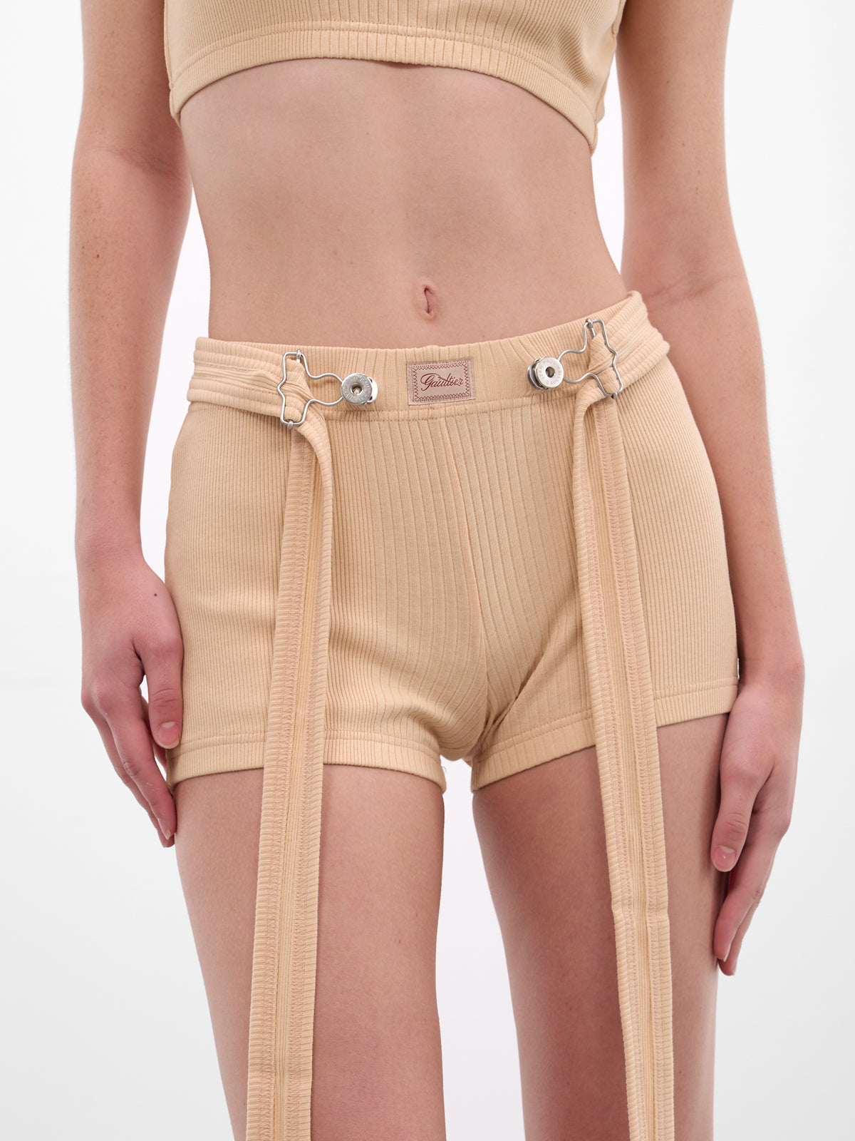 Beige Rib-Knit Cotton Strap Shorts (26/01-W-TR059-J014-63-NUDE)