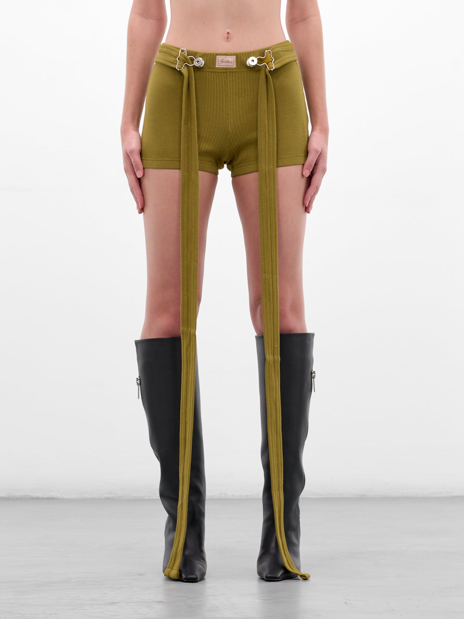 Green Rib-Knit Cotton Strap Shorts (26/01-W-TR059-J014-40-GREEN)