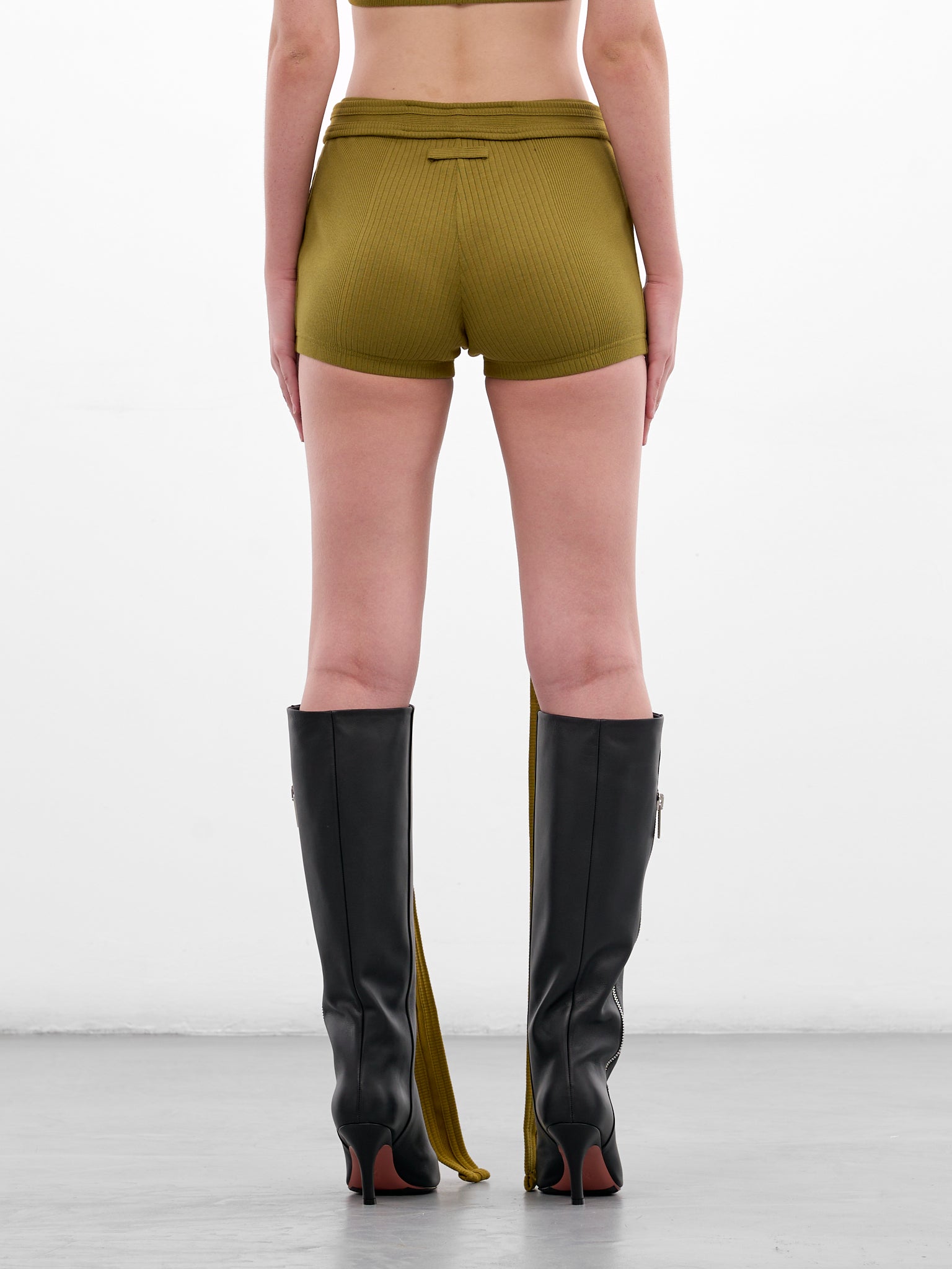 Green Rib-Knit Cotton Strap Shorts (26/01-W-TR059-J014-40-GREEN)