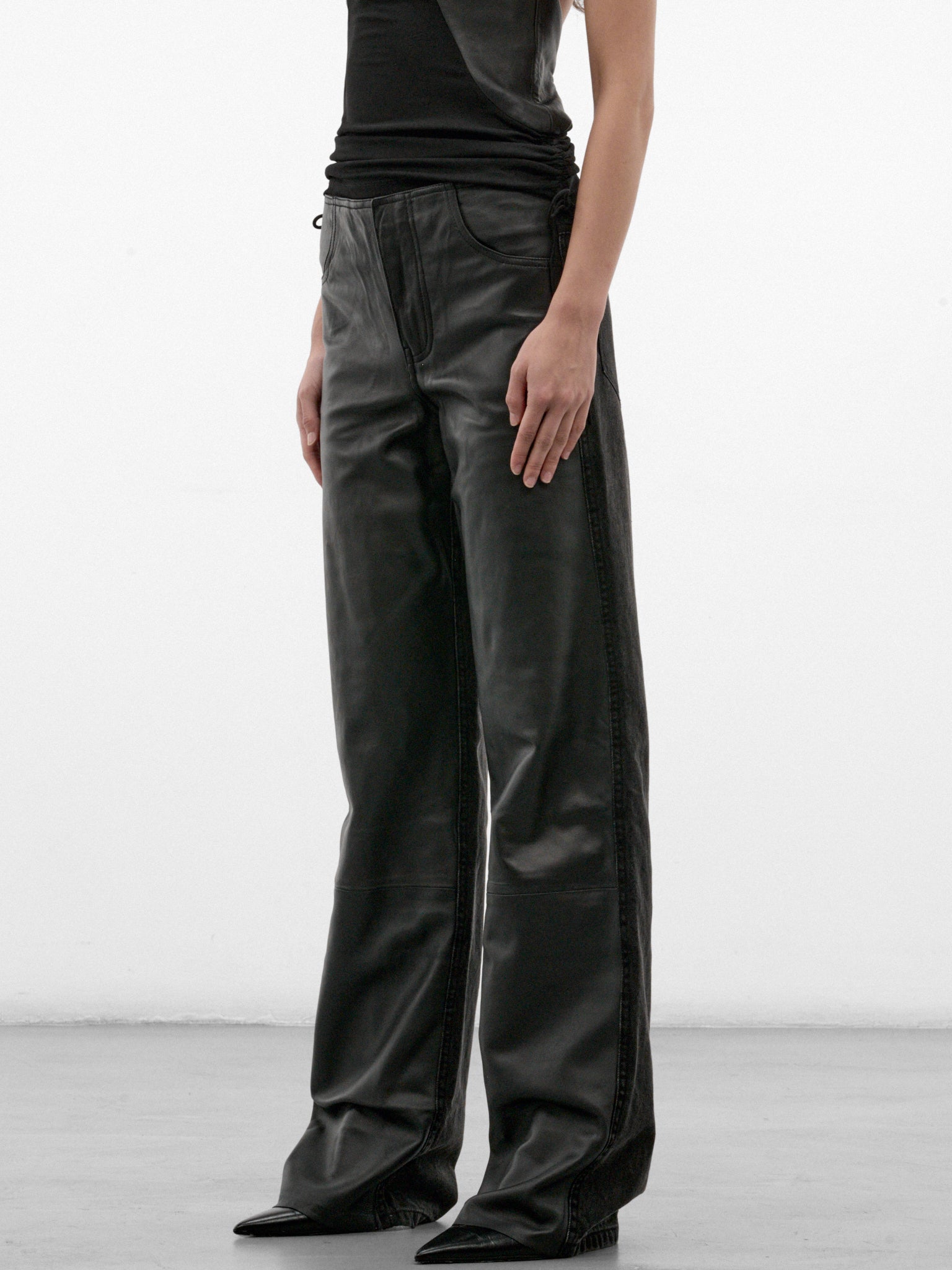 Black Leather Paneled Wide Jeans (26035926-BLACK)