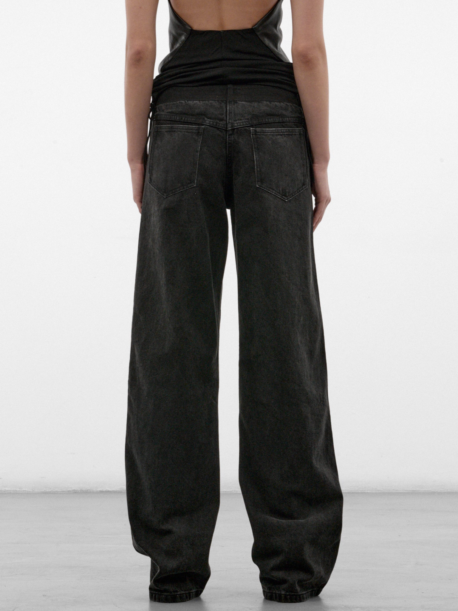 Black Leather Paneled Wide Jeans (26035926-BLACK)