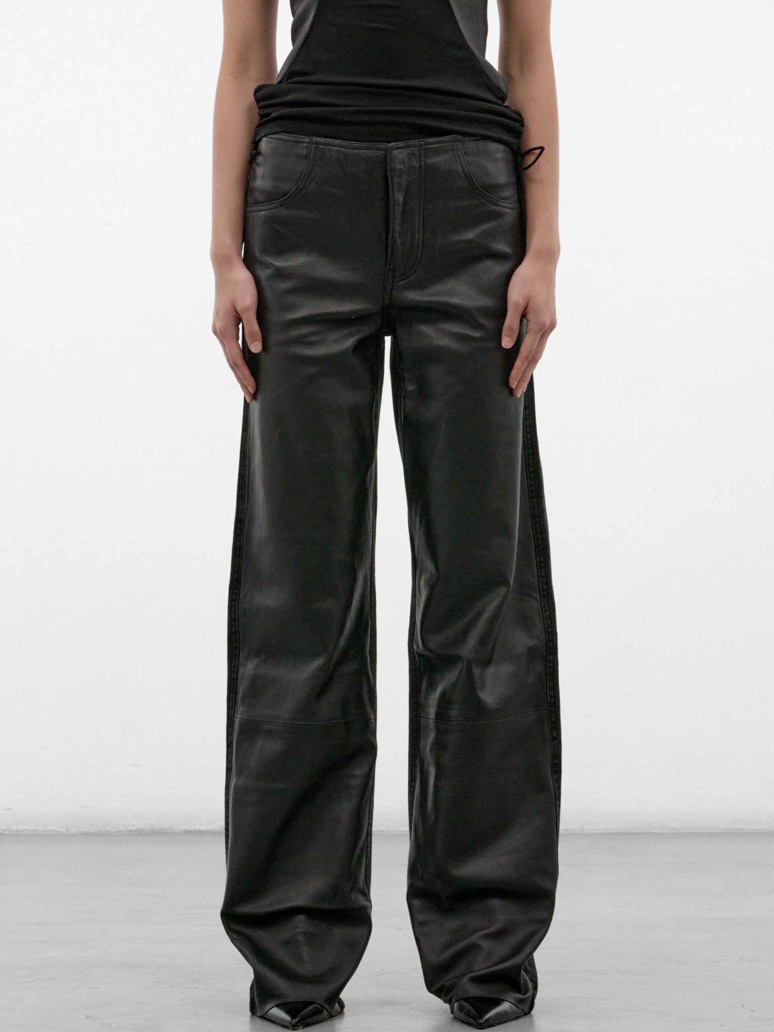 Black Leather Paneled Wide Jeans (26035926-BLACK)