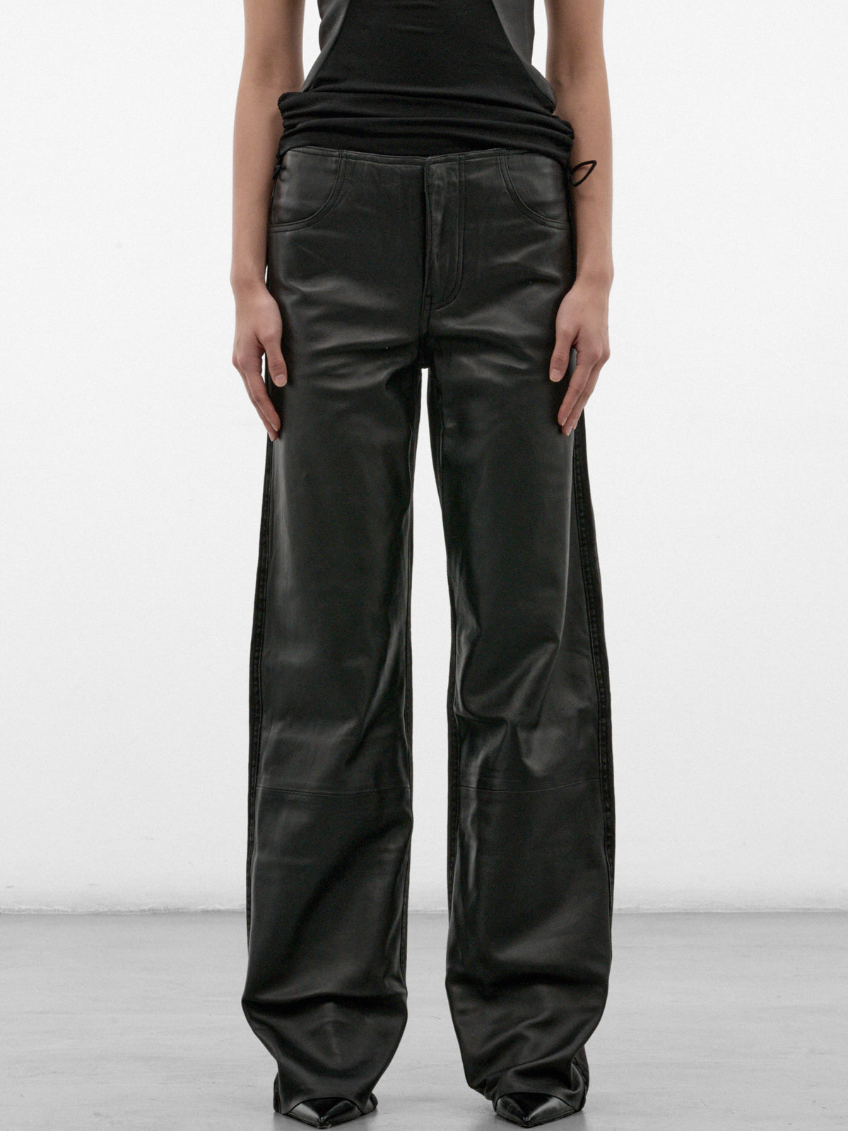 Black Leather Paneled Wide Jeans (26035926-BLACK)
