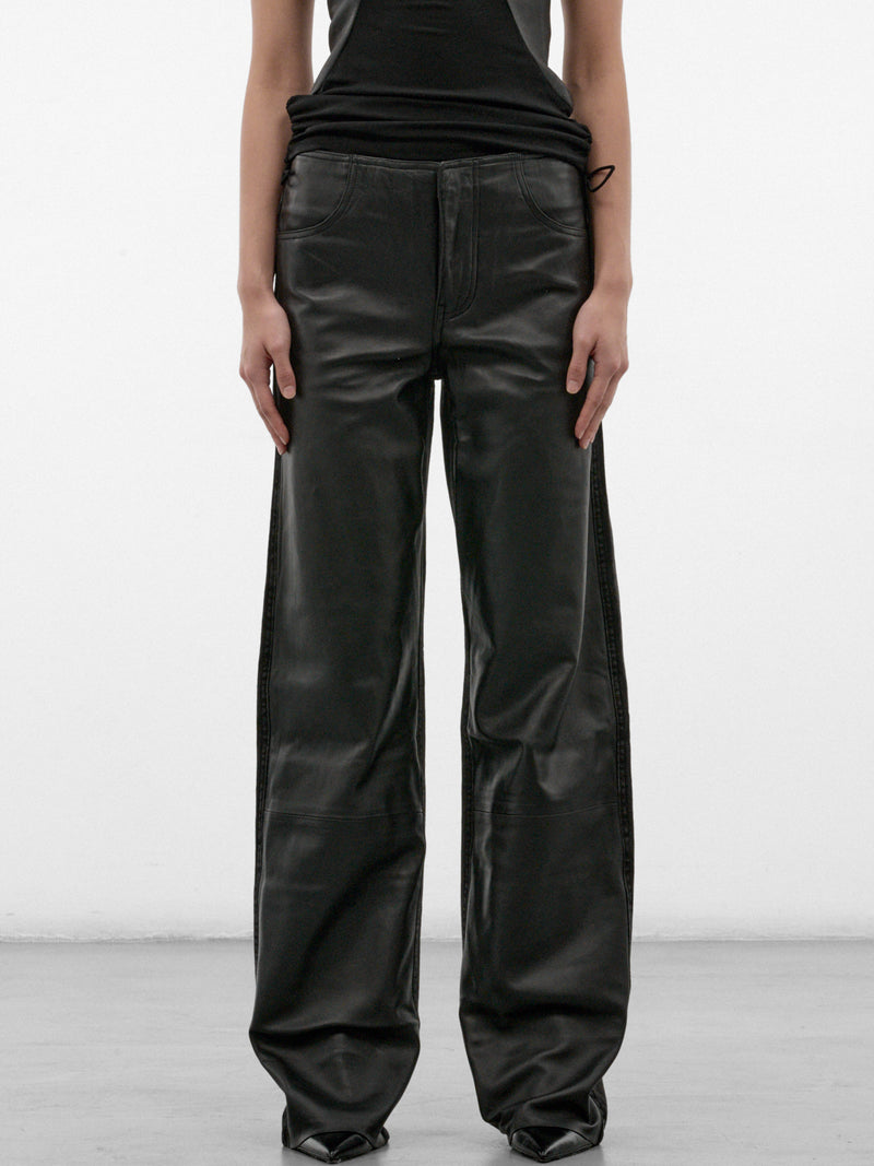 Black Leather Paneled Wide Jeans (26035926-BLACK)