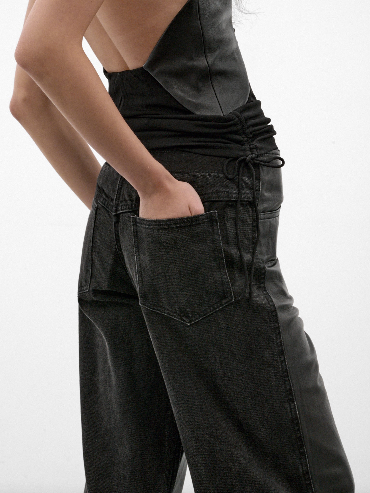 Black Leather Paneled Wide Jeans (26035926-BLACK)