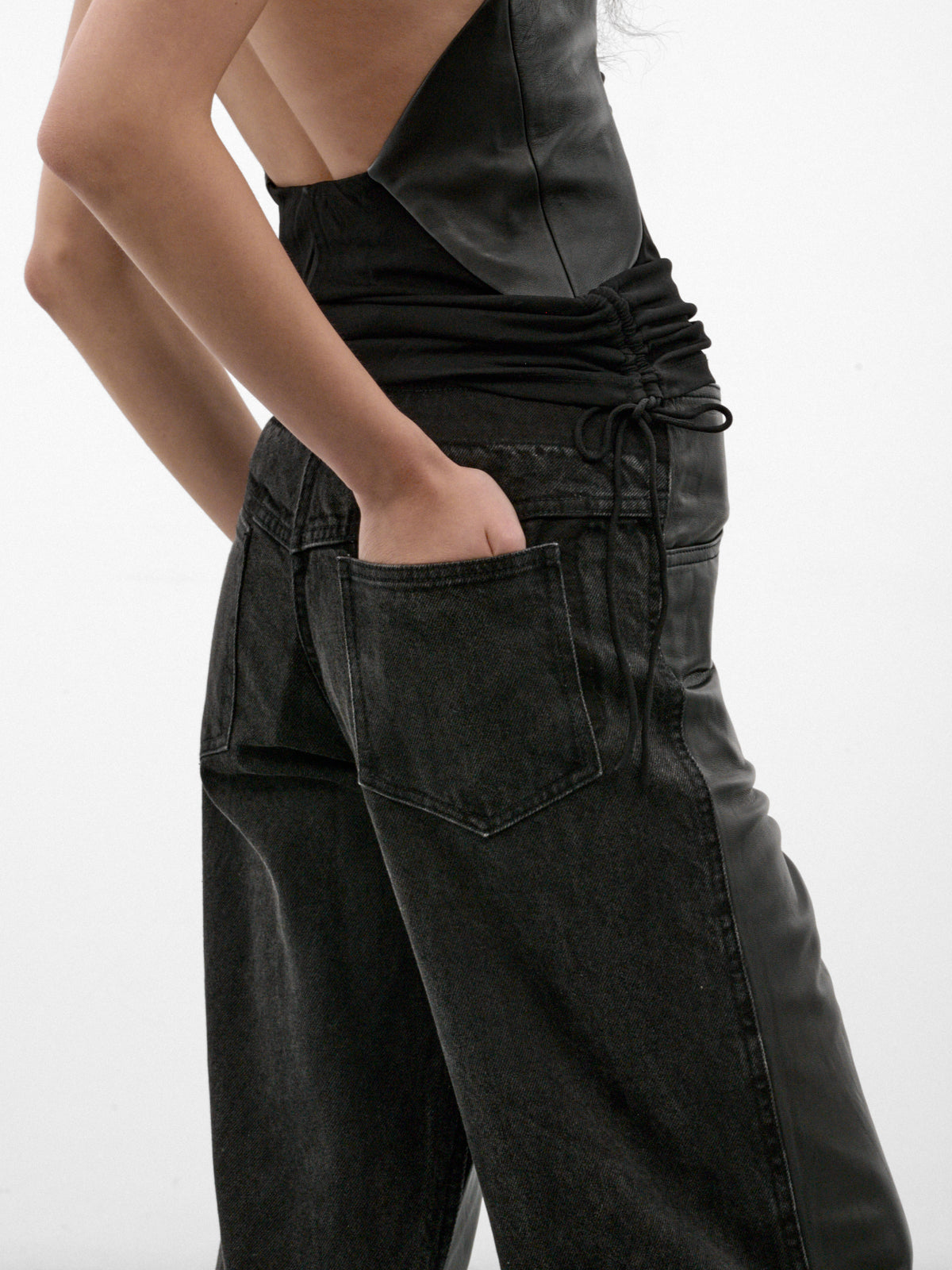 Black Leather Paneled Wide Jeans (26035926-BLACK)