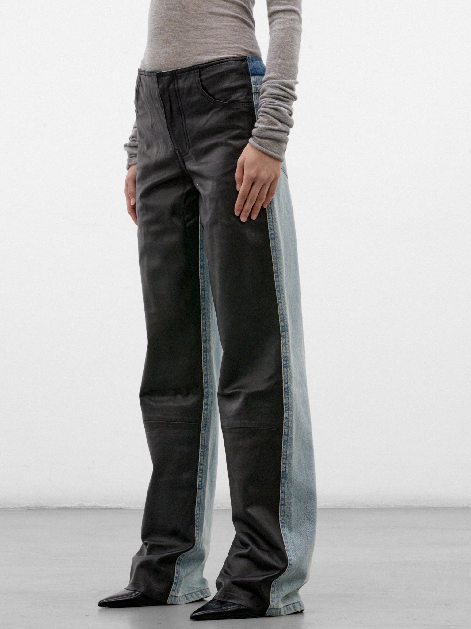 Indigo Leather Paneled Wide Jeans (26035926-INDIGO-BLACK)