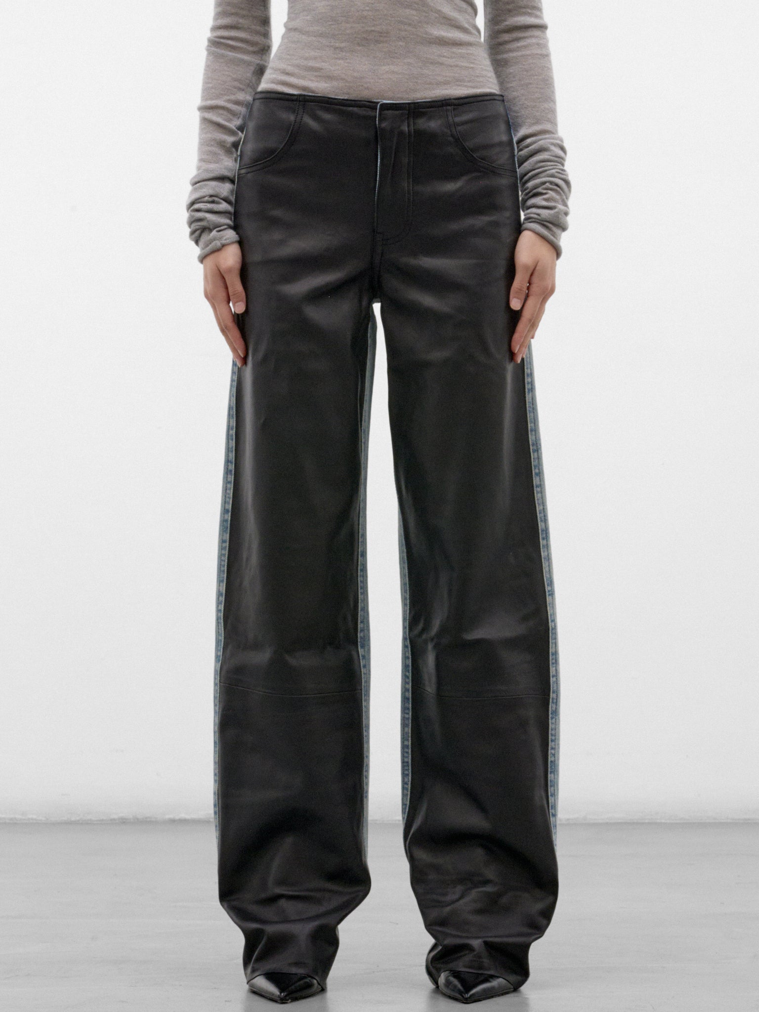 Indigo Leather Paneled Wide Jeans (26035926-INDIGO-BLACK)