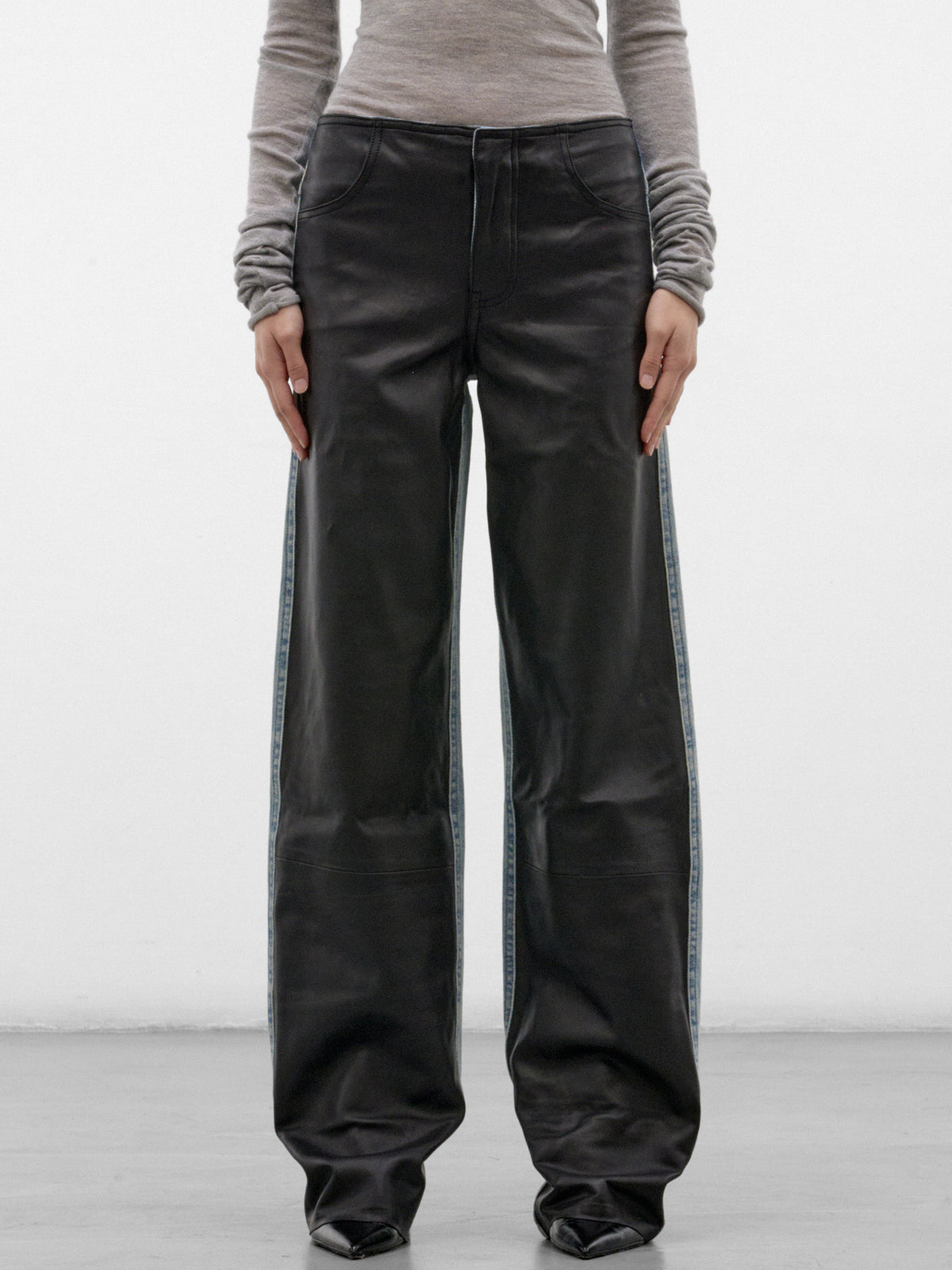Indigo Leather Paneled Wide Jeans (26035926-INDIGO-BLACK)
