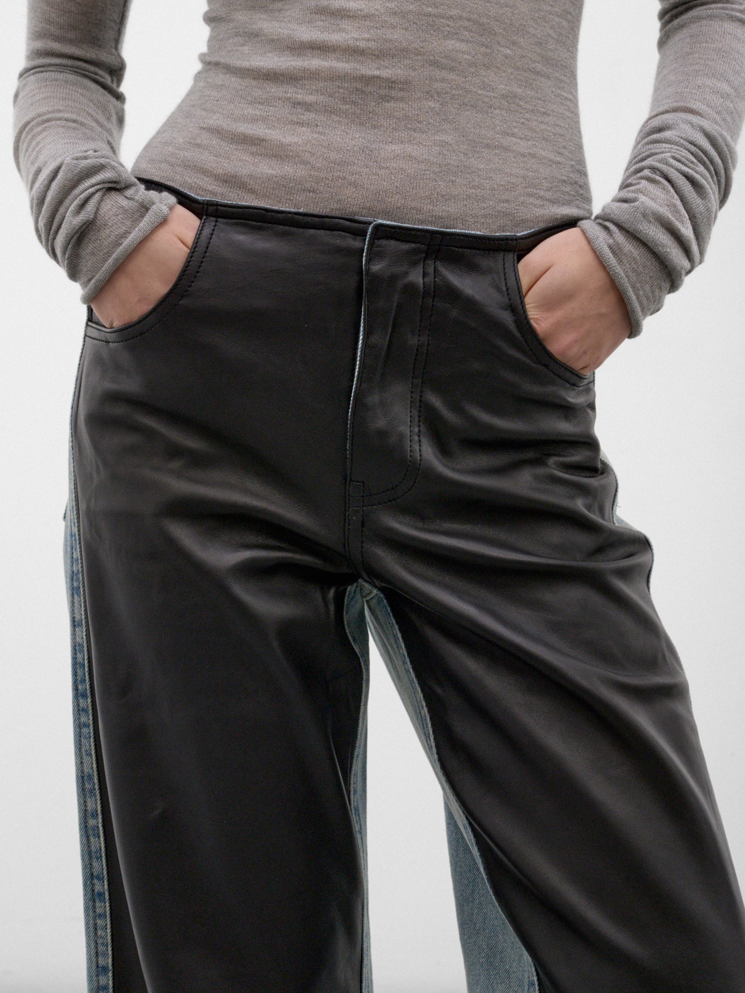 Indigo Leather Paneled Wide Jeans (26035926-INDIGO-BLACK)