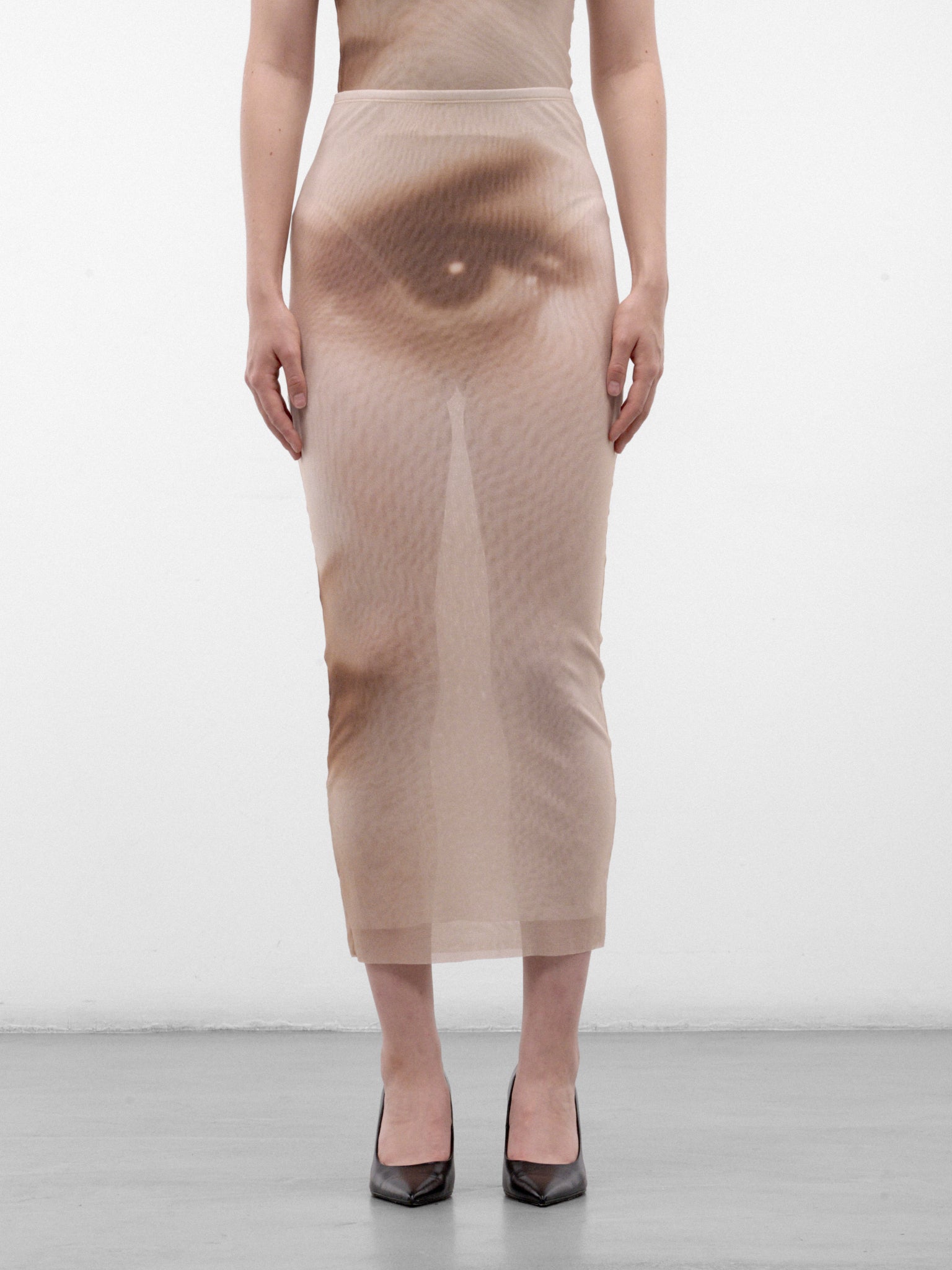 Trompe L'oeil Eye Midi Skirt (26/04-W-SK086-M032P-68-BEIGE)