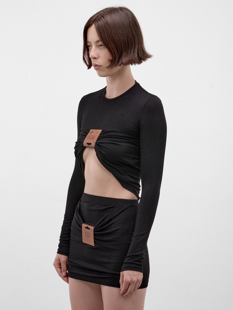 Black Ruched Logo Cropped Top (26/04-W-TO526-J076-00-BLACK)