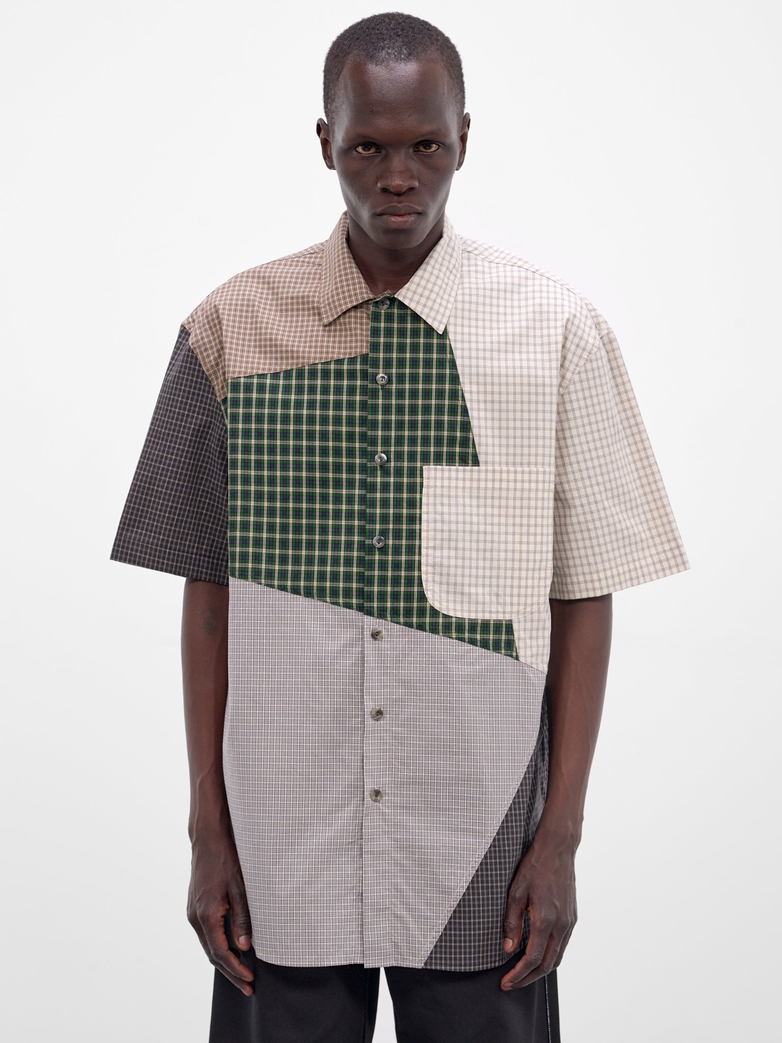 Patchwork Plaid Cotton Button-Up Shirt (261-MSH059-MULTI)