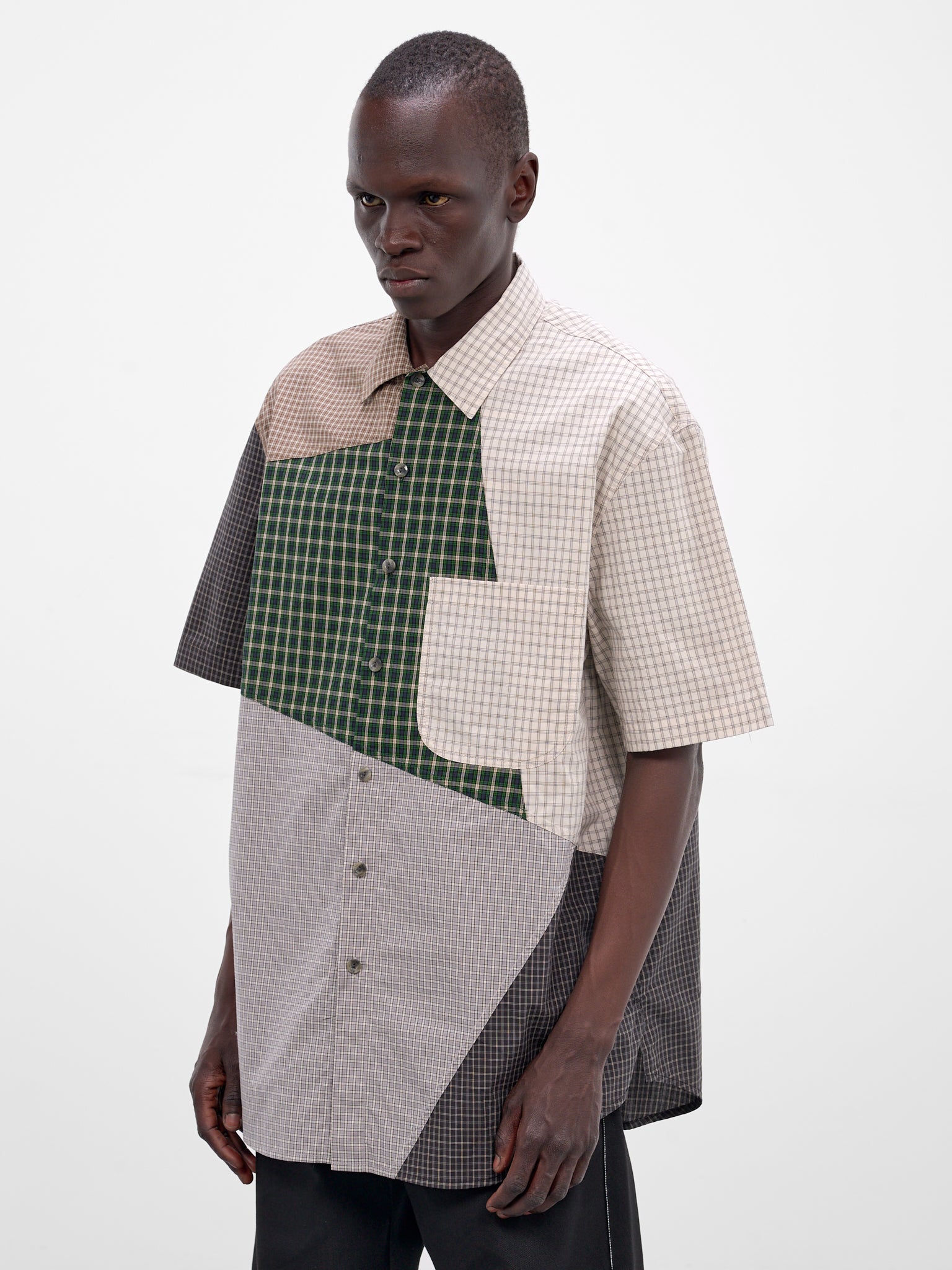 Patchwork Plaid Cotton Button-Up Shirt (261-MSH059-MULTI)