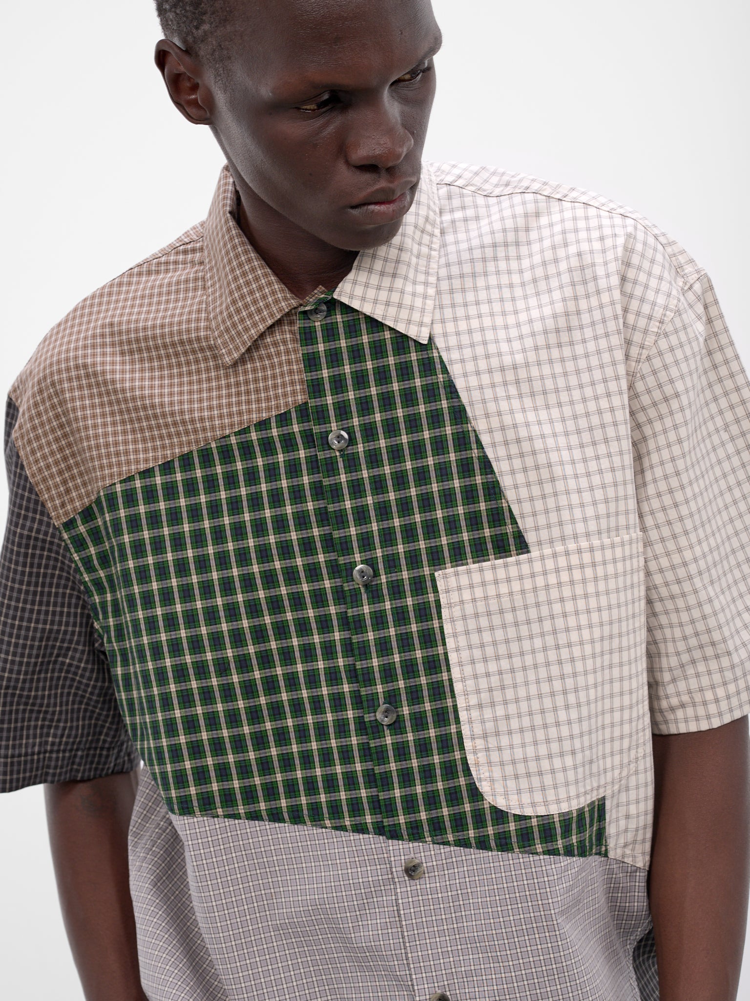 Patchwork Plaid Cotton Button-Up Shirt (261-MSH059-MULTI)