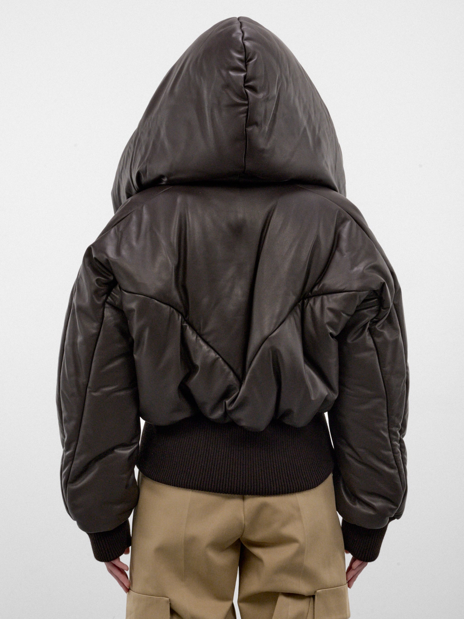 Brown Leather Quilted Hood Jacket (261WCB00127-DARK-BROWN)