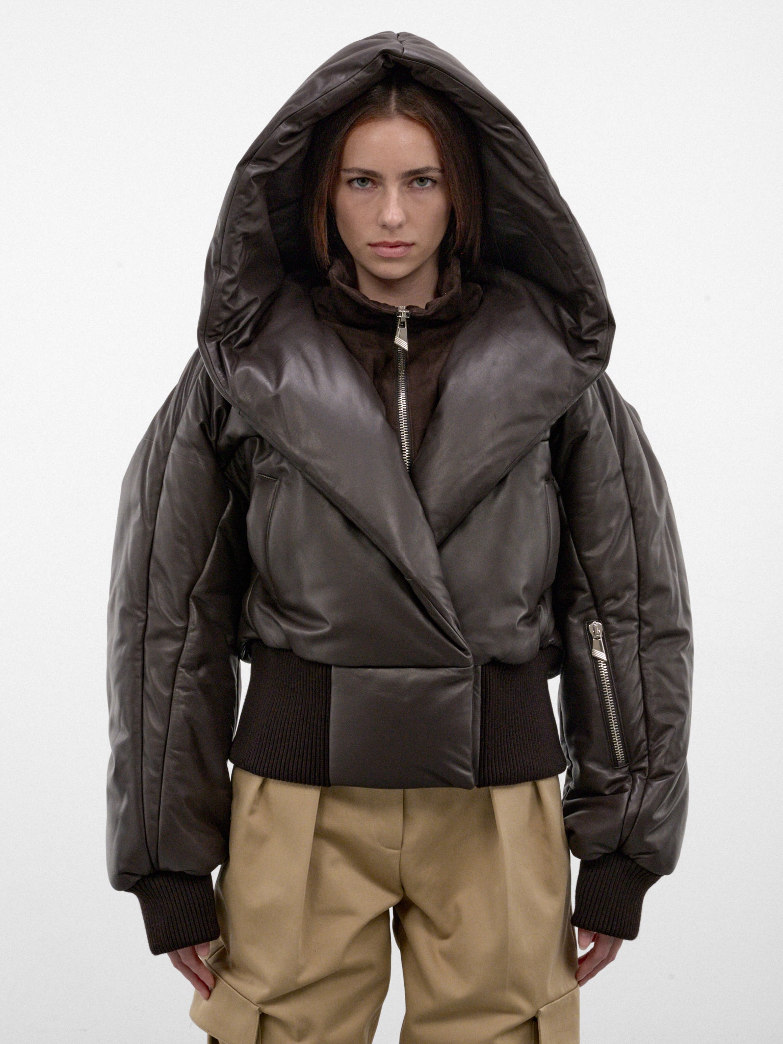 Brown Leather Quilted Hood Jacket (261WCB00127-DARK-BROWN)