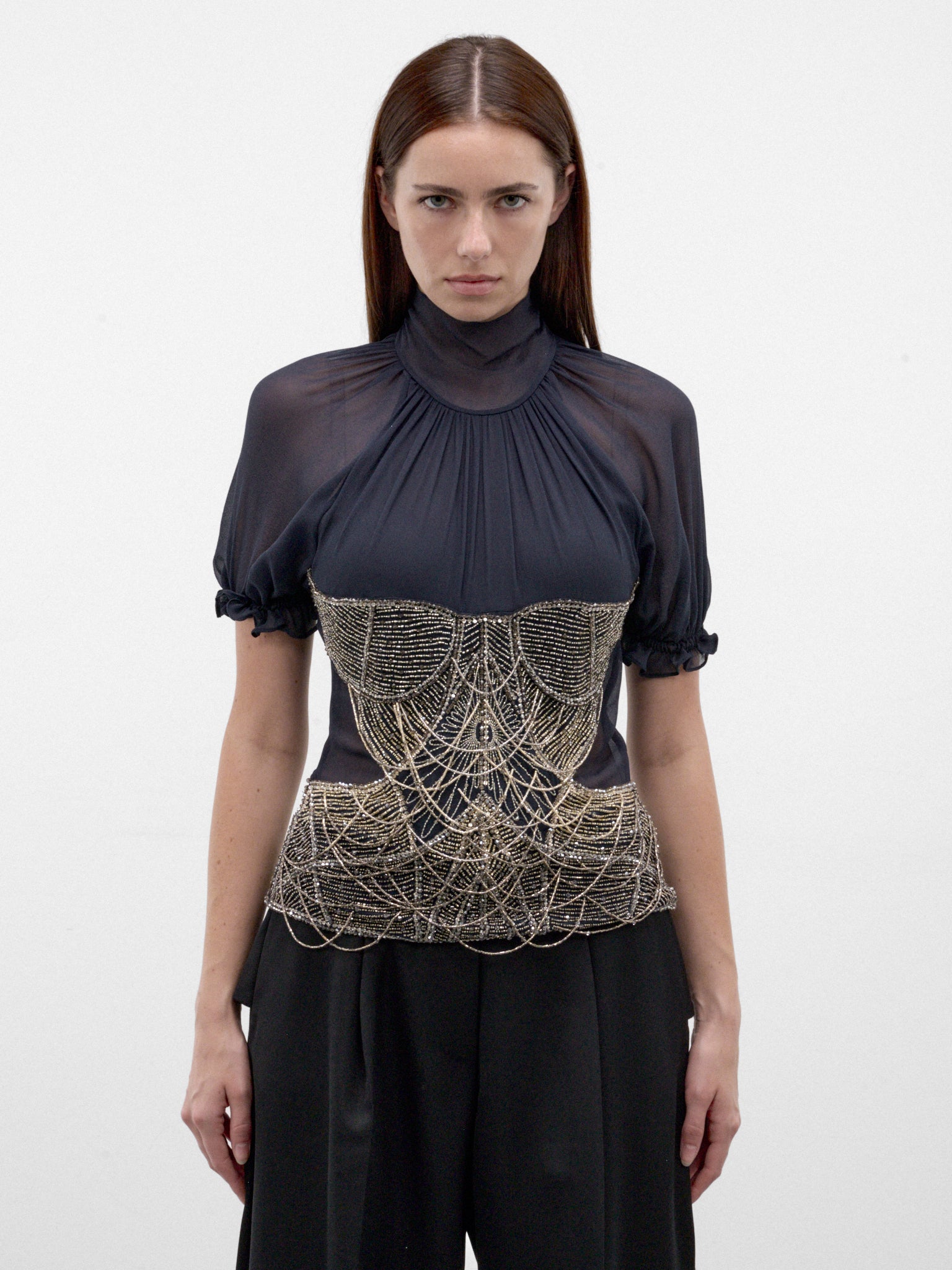 Blue Silk Beaded Chain Blouse (261WCI00040-DARK-BLUE)