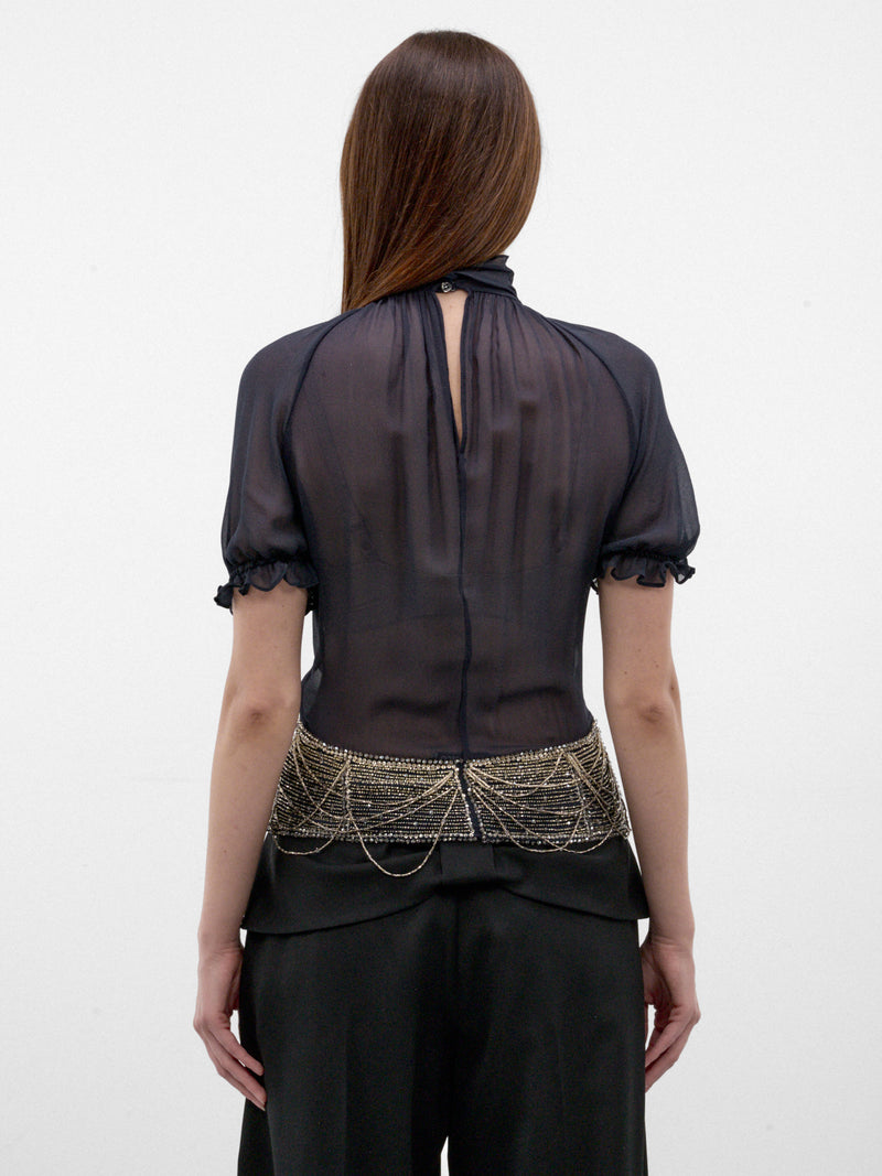 Blue Silk Beaded Chain Blouse (261WCI00040-DARK-BLUE)