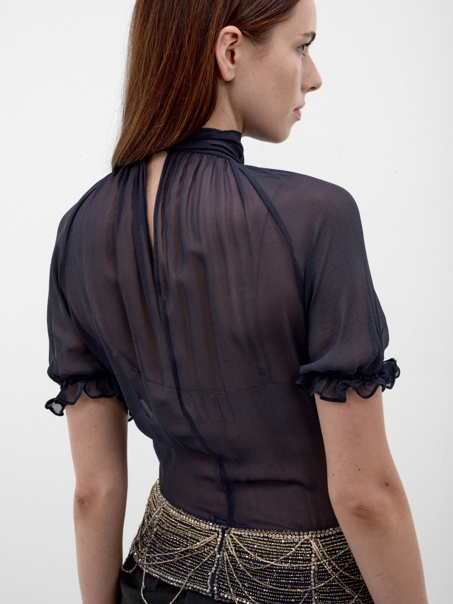 Blue Silk Beaded Chain Blouse (261WCI00040-DARK-BLUE)
