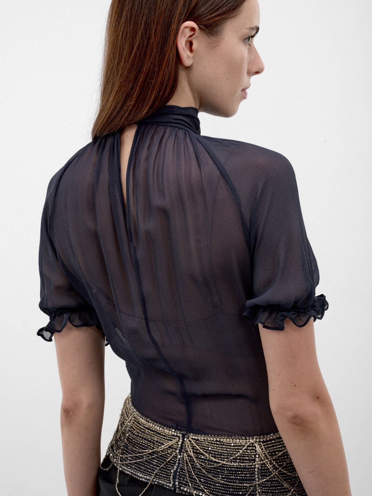 Blue Silk Beaded Chain Blouse (261WCI00040-DARK-BLUE)