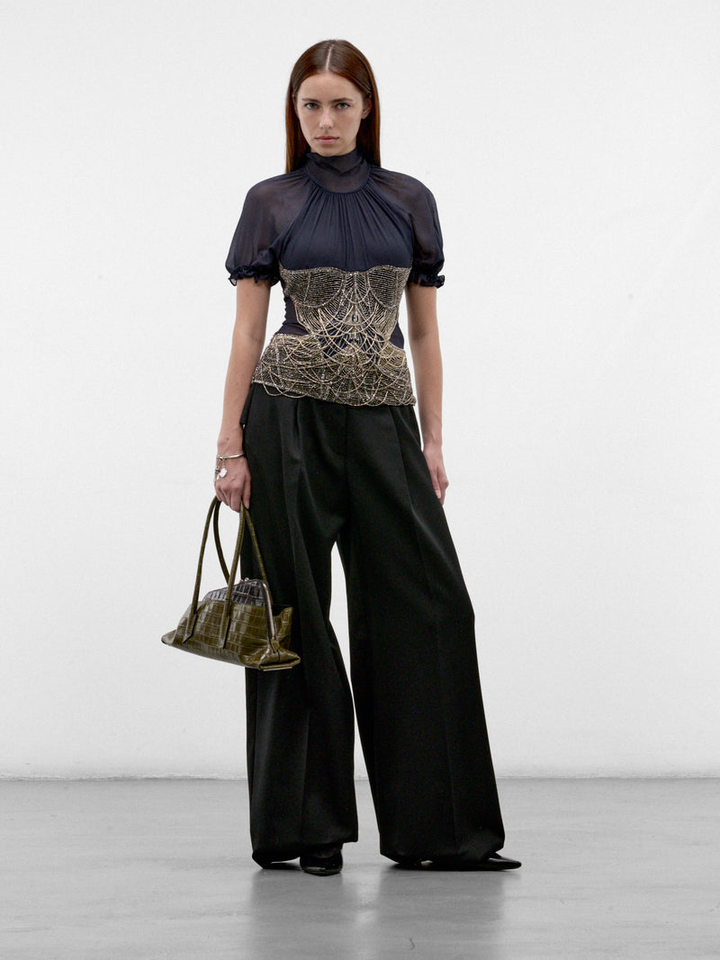 Blue Silk Beaded Chain Blouse (261WCI00040-DARK-BLUE)