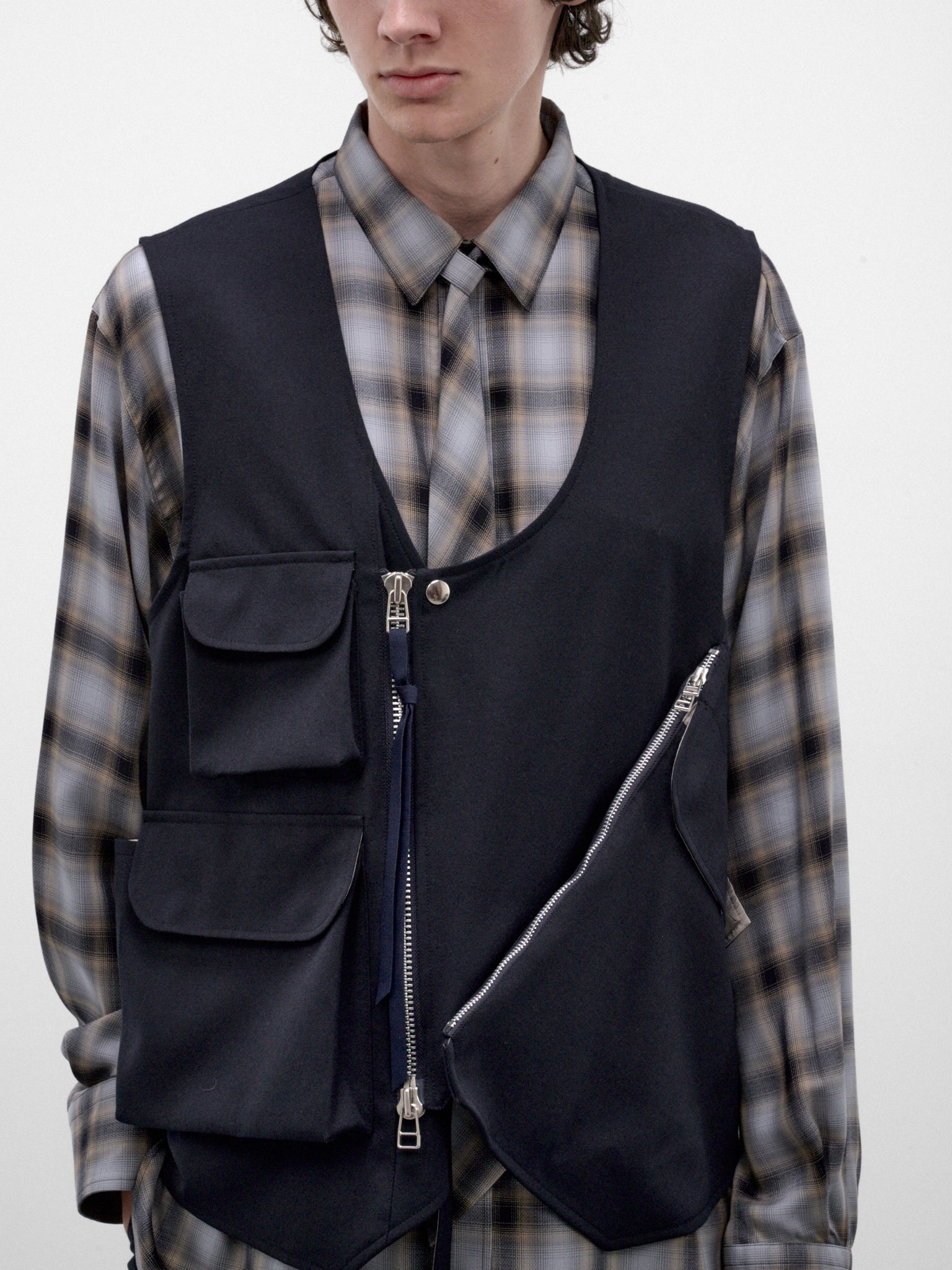 Navy Wool Asymmetric Utility Vest (26A0369-NAVY)