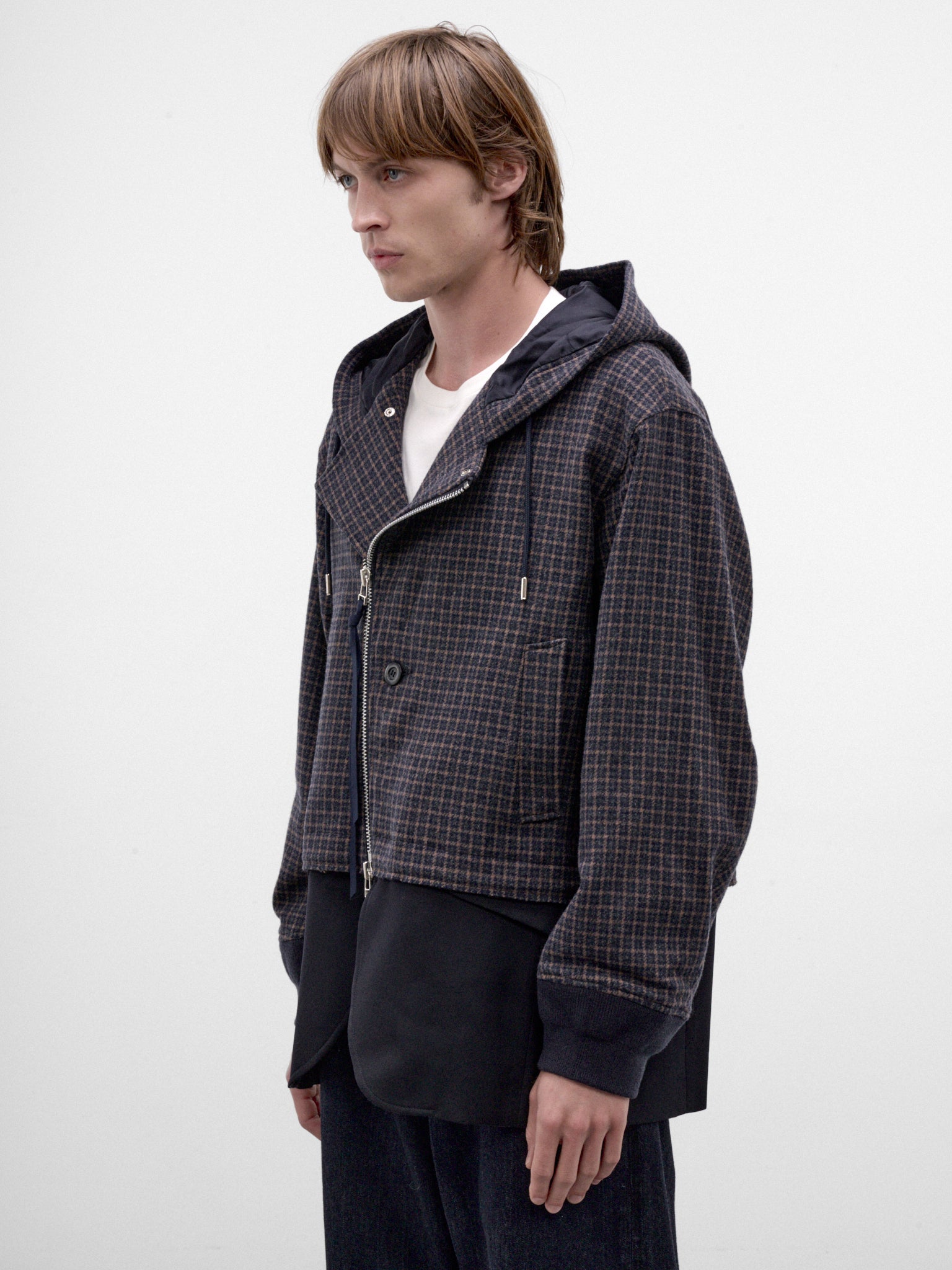 Navy Wool Checked Hooded Jacket (26A0375-NAVY)