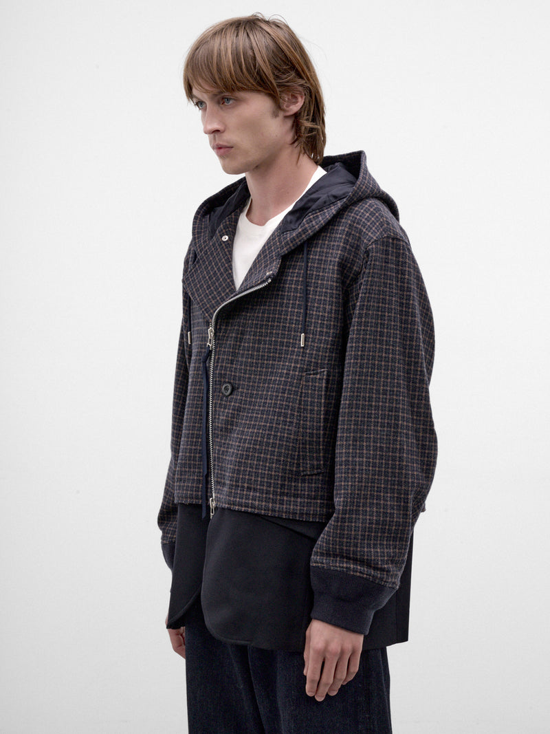 Navy Wool Checked Hooded Jacket (26A0375-NAVY)