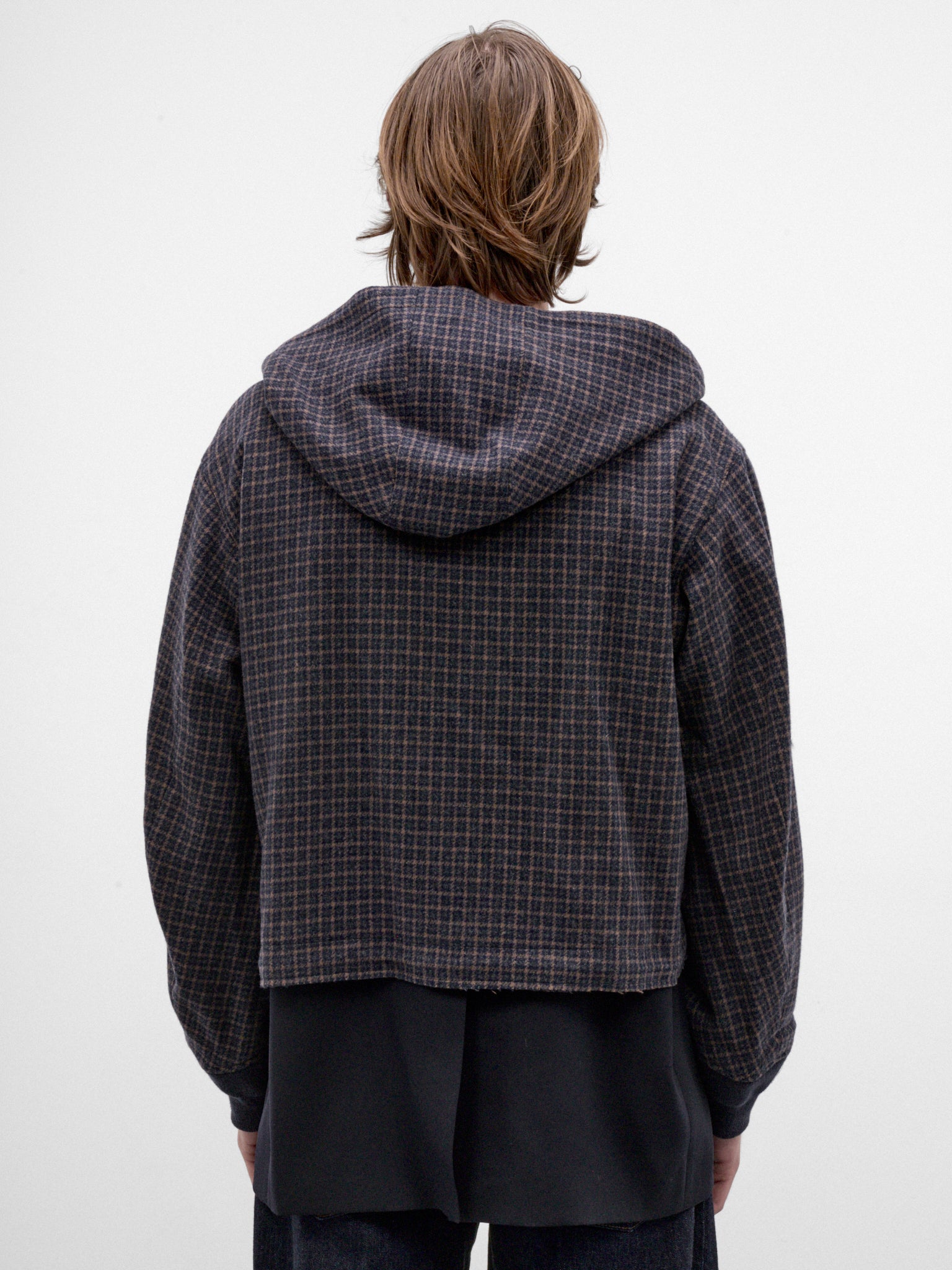 Navy Wool Checked Hooded Jacket (26A0375-NAVY)