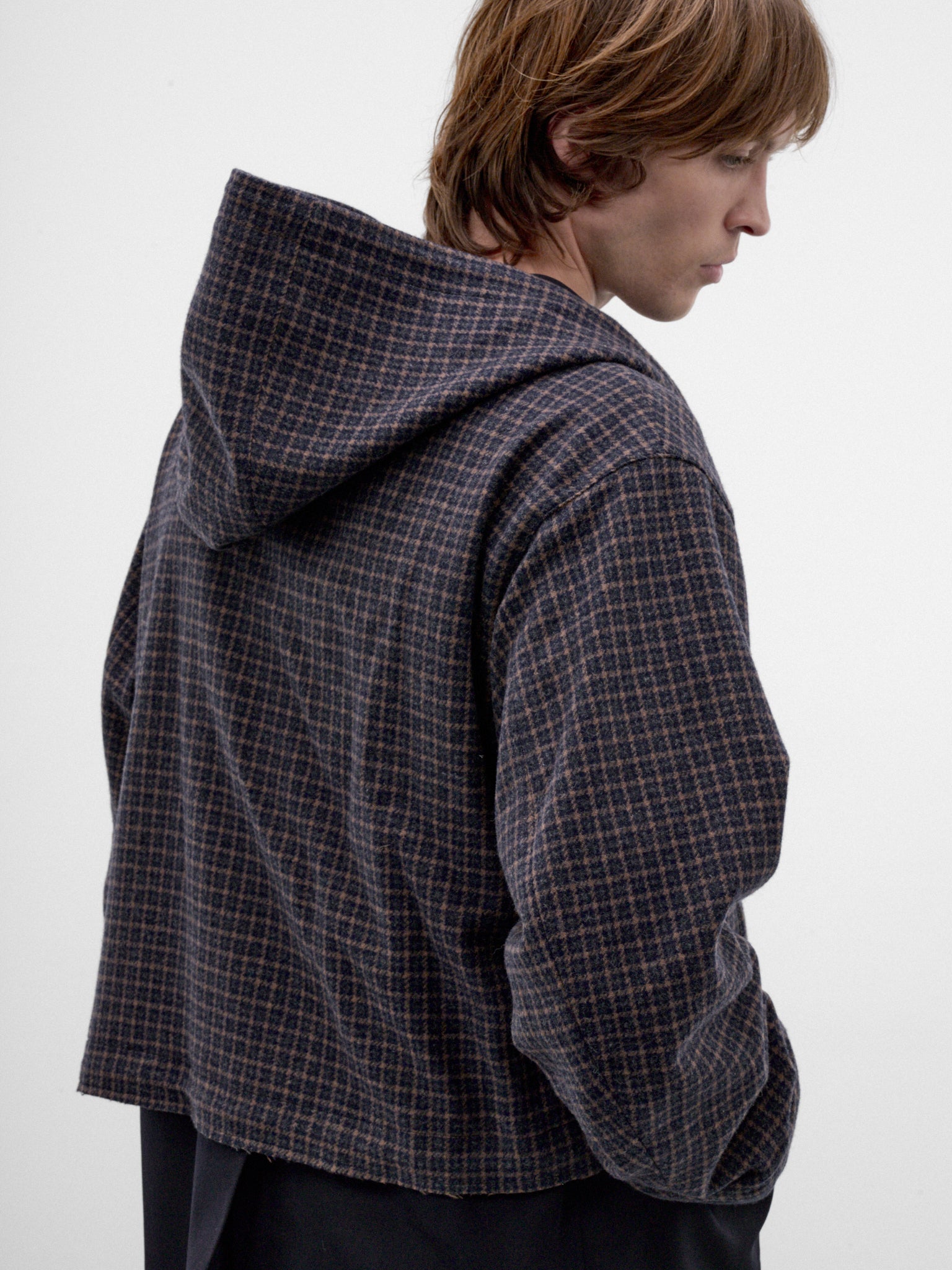 Navy Wool Checked Hooded Jacket (26A0375-NAVY)