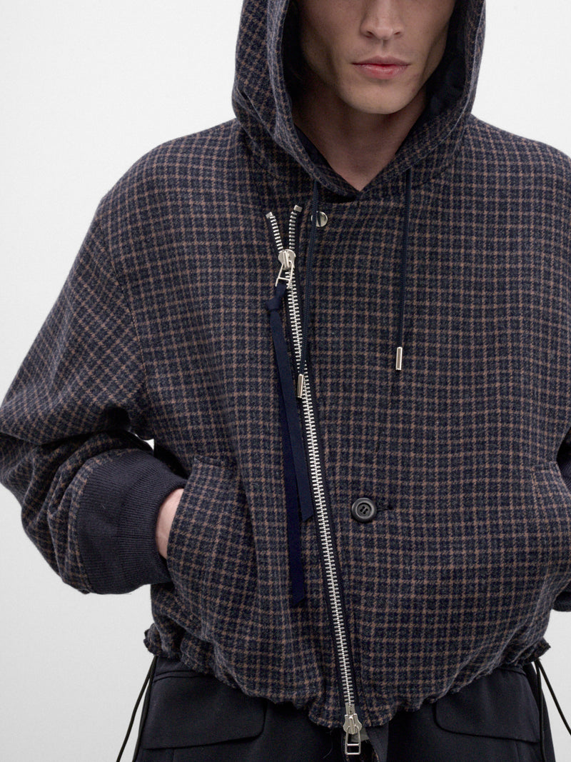 Navy Wool Checked Hooded Jacket (26A0375-NAVY)