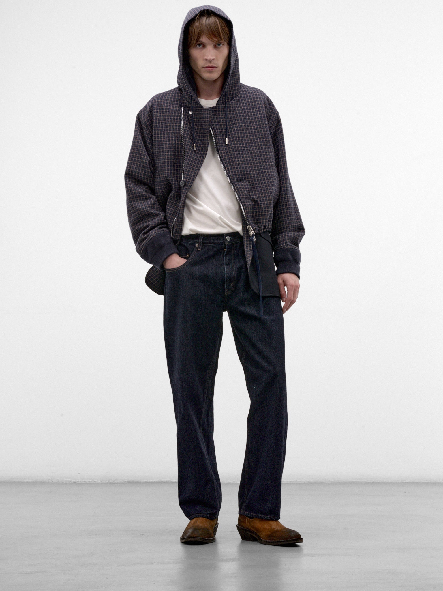 Navy Wool Checked Hooded Jacket (26A0375-NAVY)