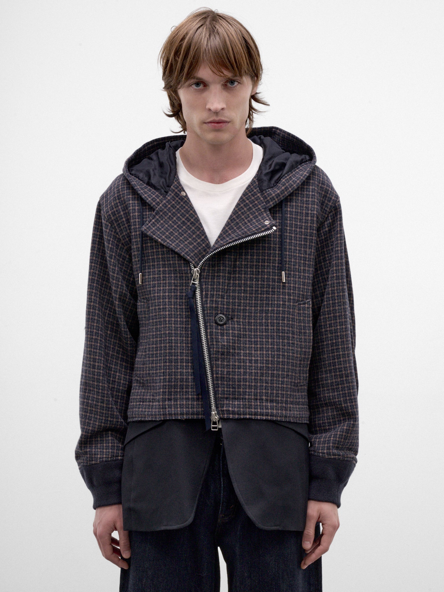 Navy Wool Checked Hooded Jacket (26A0375-NAVY)