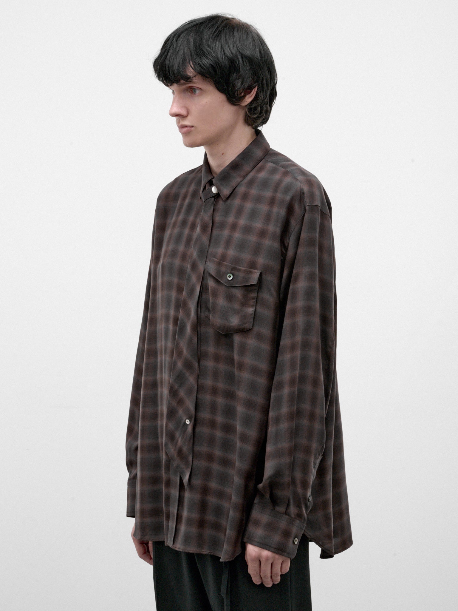 Brown Plaid Cupro Necktie Shirt (26A0390-BROWN)