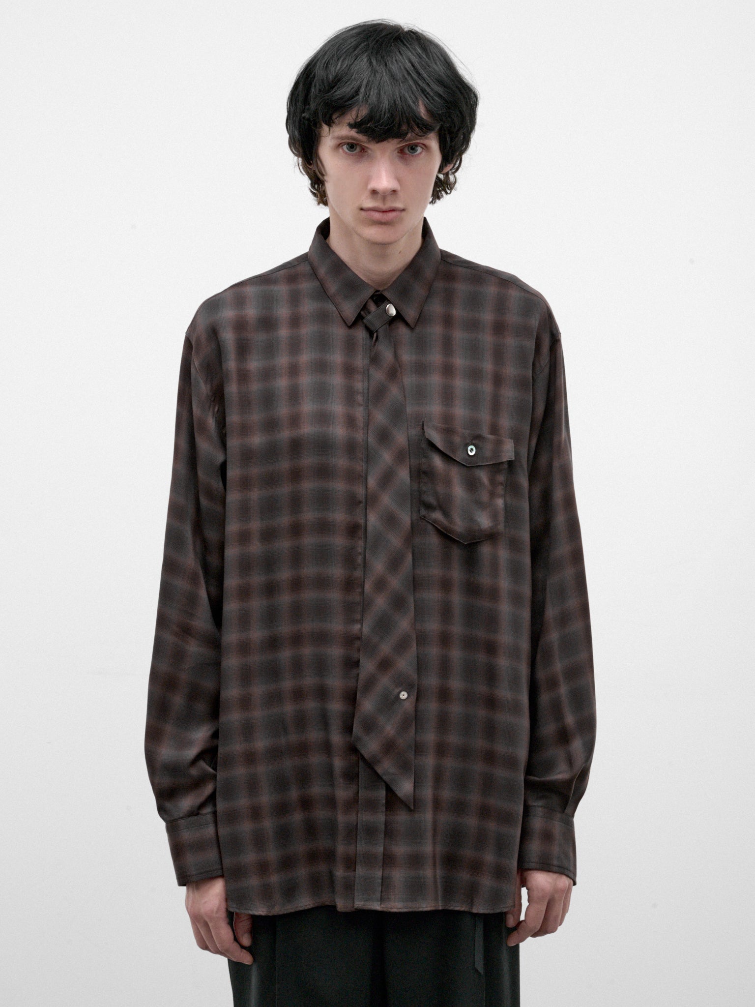 Brown Plaid Cupro Necktie Shirt (26A0390-BROWN)