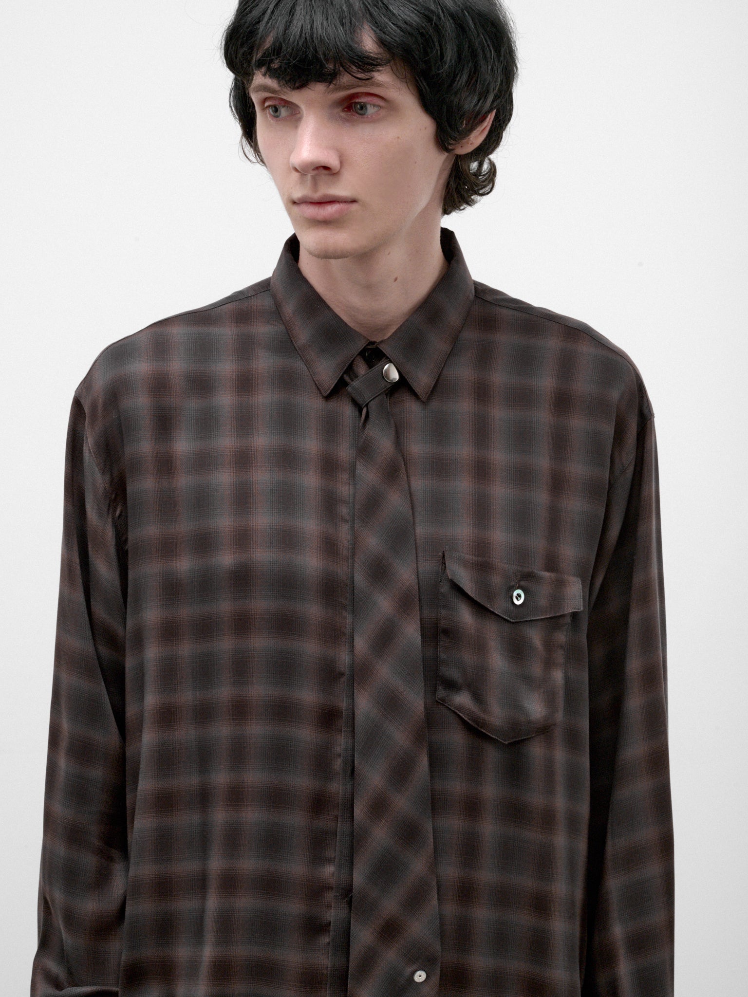 Brown Plaid Cupro Necktie Shirt (26A0390-BROWN)