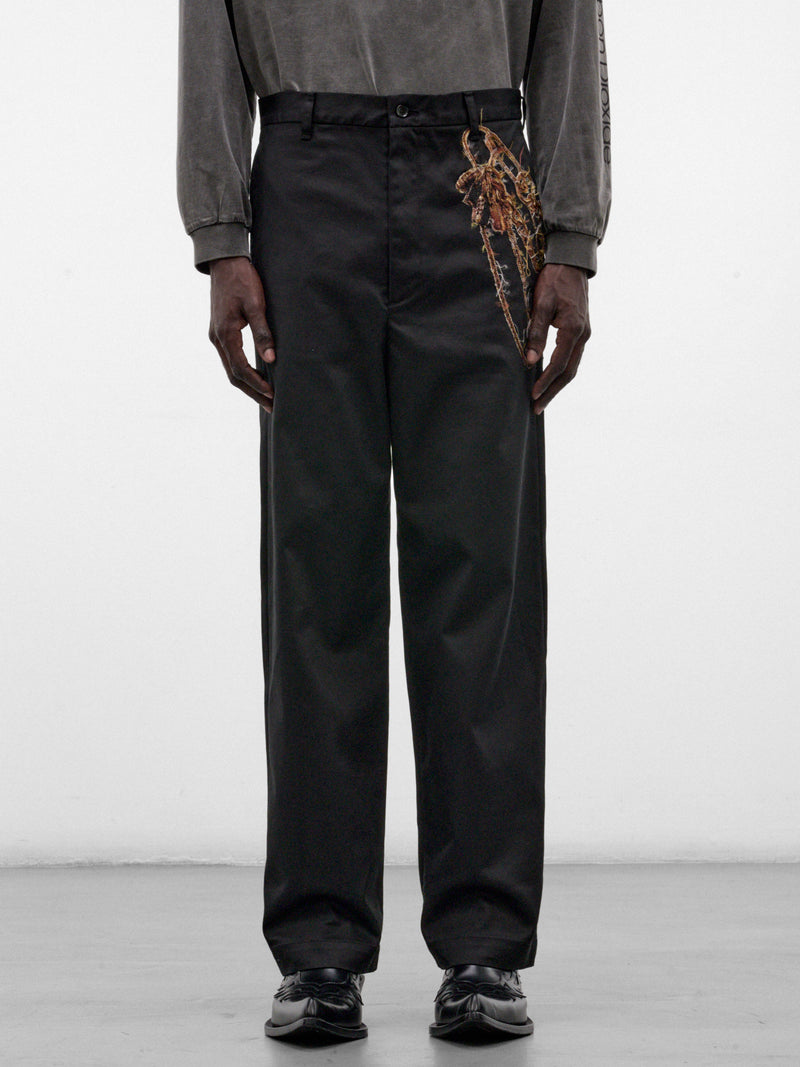 Black Cotton Appliqué Embroidered Trousers (26AW08PT369-BLACK)
