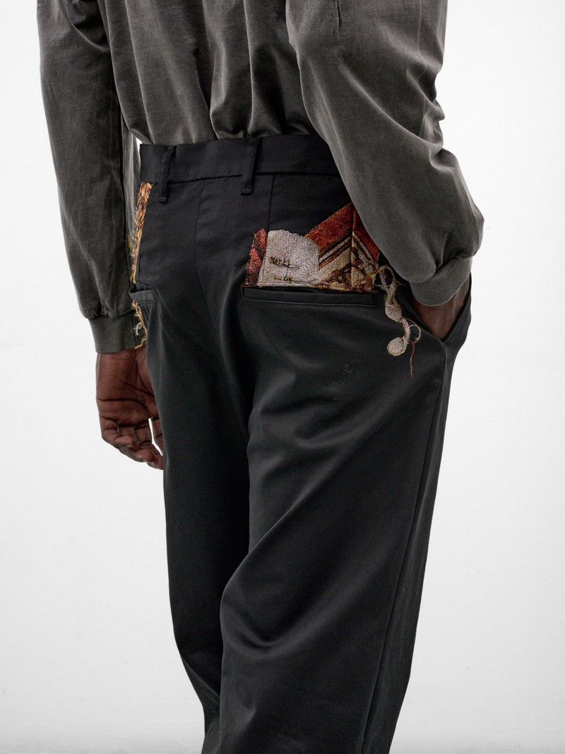 Black Cotton Appliqué Embroidered Trousers (26AW08PT369-BLACK)