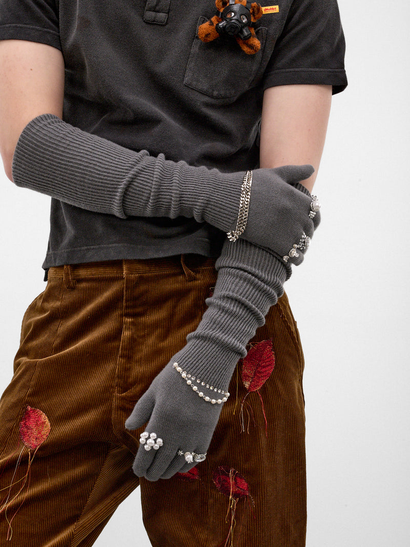 Gray Pearl & Crystal Gloves (26AW80GV07-GREY)