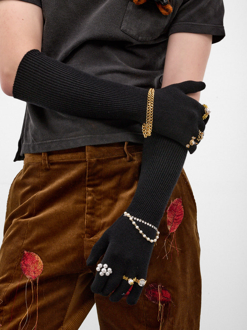 Black Pearl & Crystal Gloves (26AW80GV06-BLACK-GOLD)