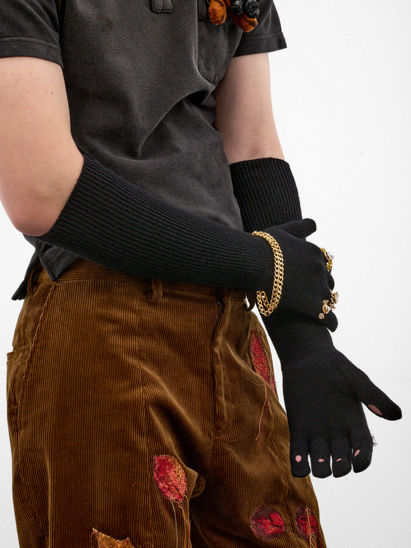 Black Pearl & Crystal Gloves (26AW80GV06-BLACK-GOLD)