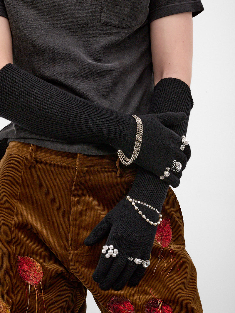 Black Pearl & Crystal Gloves (26AW80GV06-BLACK-SILVER)
