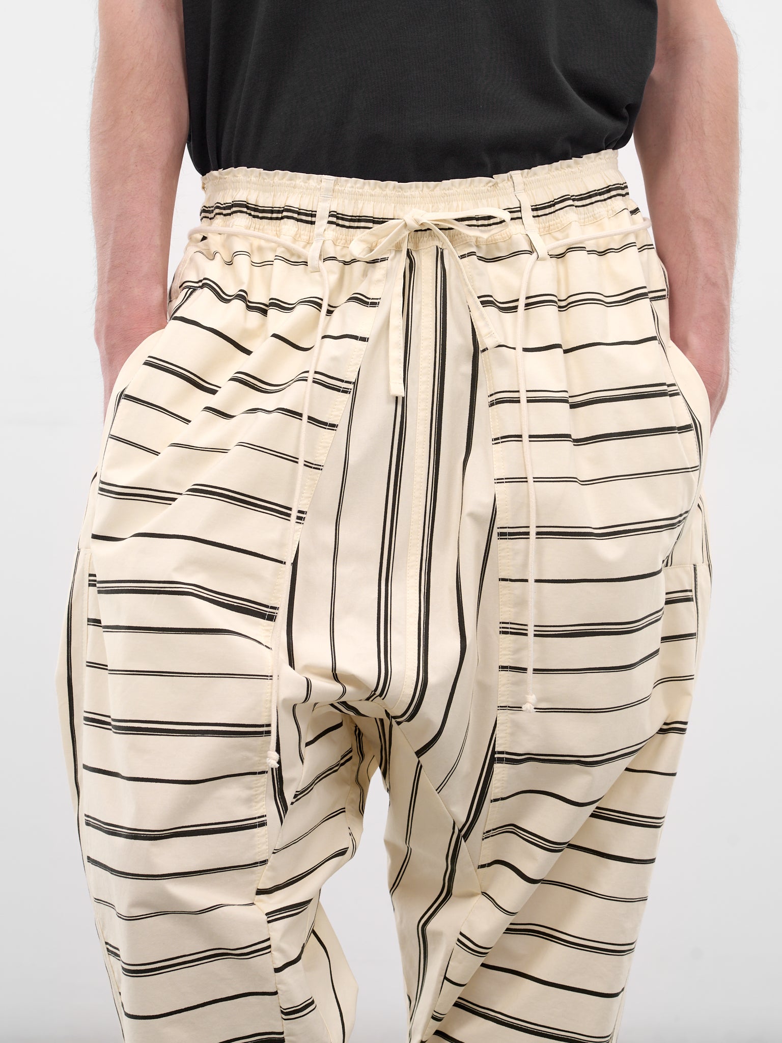 White Striped Drawstring Samurai Pants (26E96MRU13-011-STRIPE-BLACK)