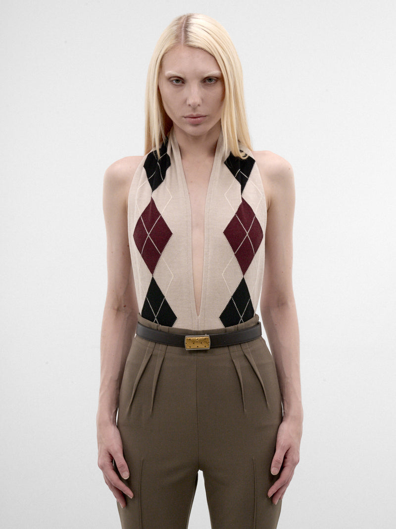 Beige Wool Argyle Knit Bodysuit (26F2BO03241146-BEIGE-BLACK-MUS)