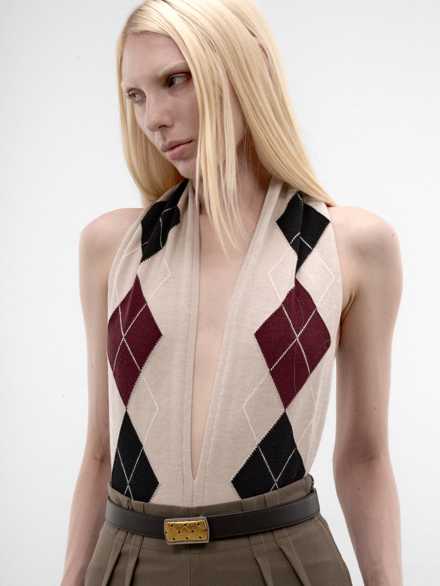 Beige Wool Argyle Knit Bodysuit (26F2BO03241146-BEIGE-BLACK-MUS)