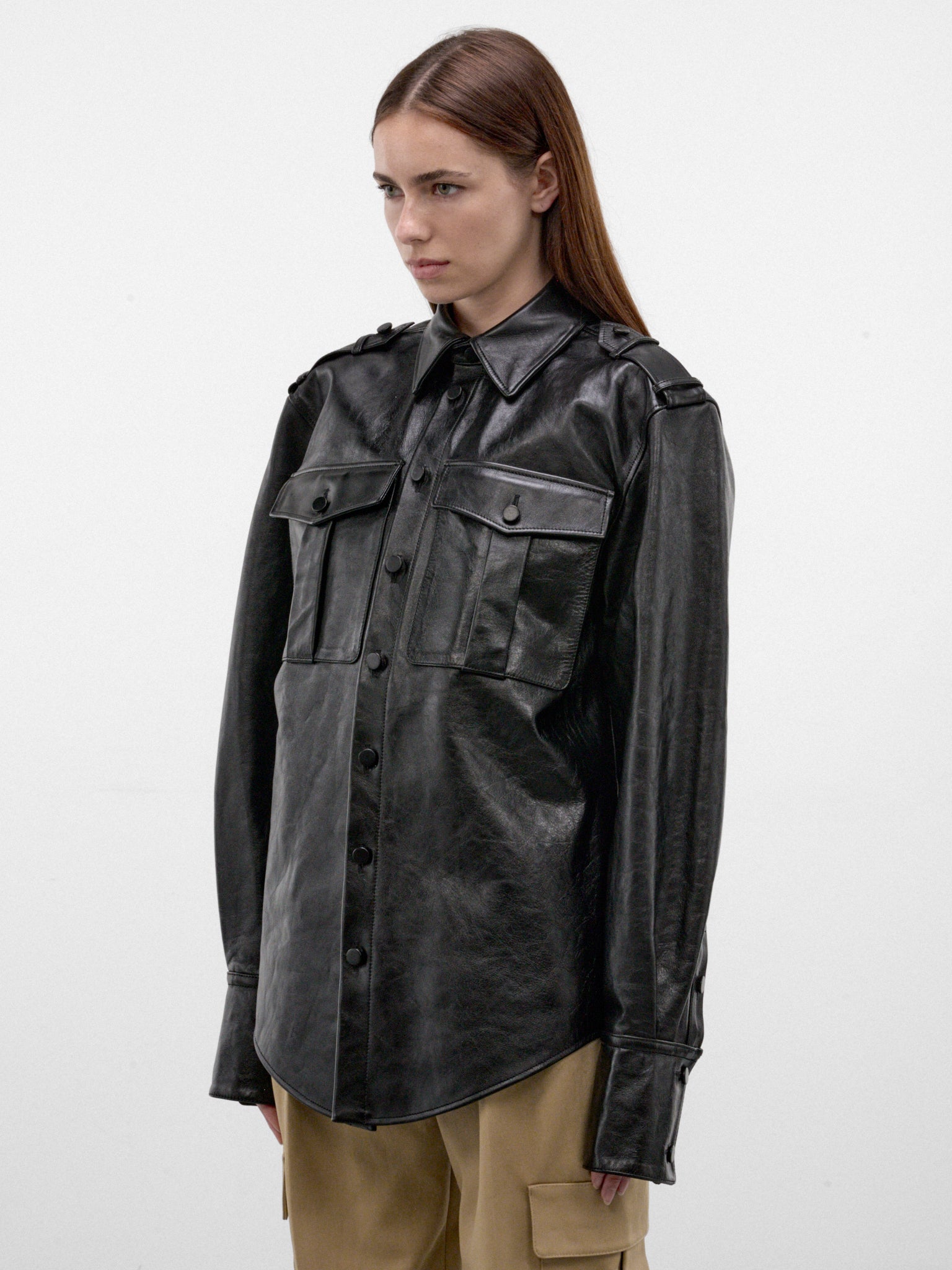 Black Leather Military Shirt (26F9TO08959040-TO0895-BLACK)