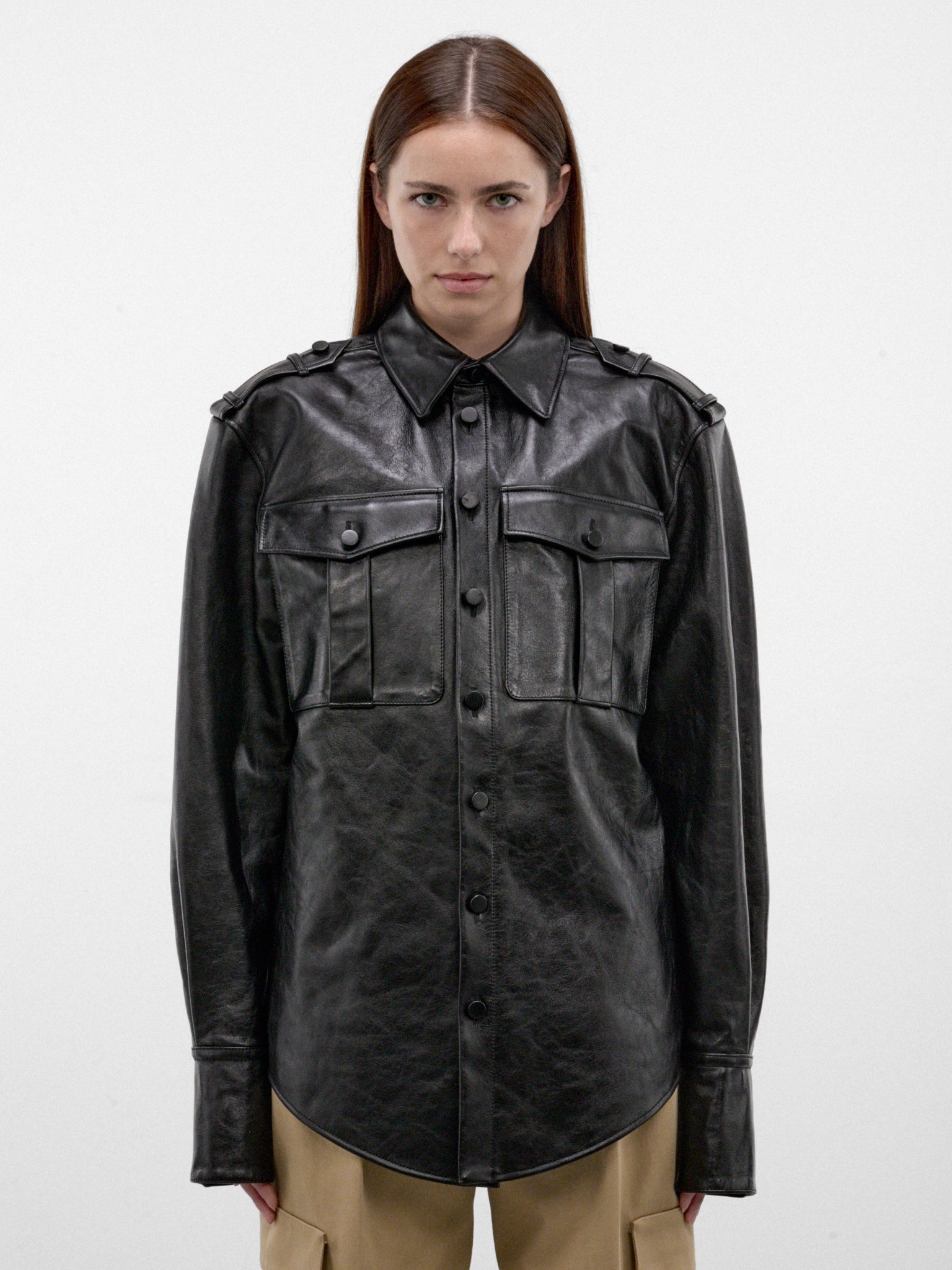 Black Leather Military Shirt (26F9TO08959040-TO0895-BLACK)