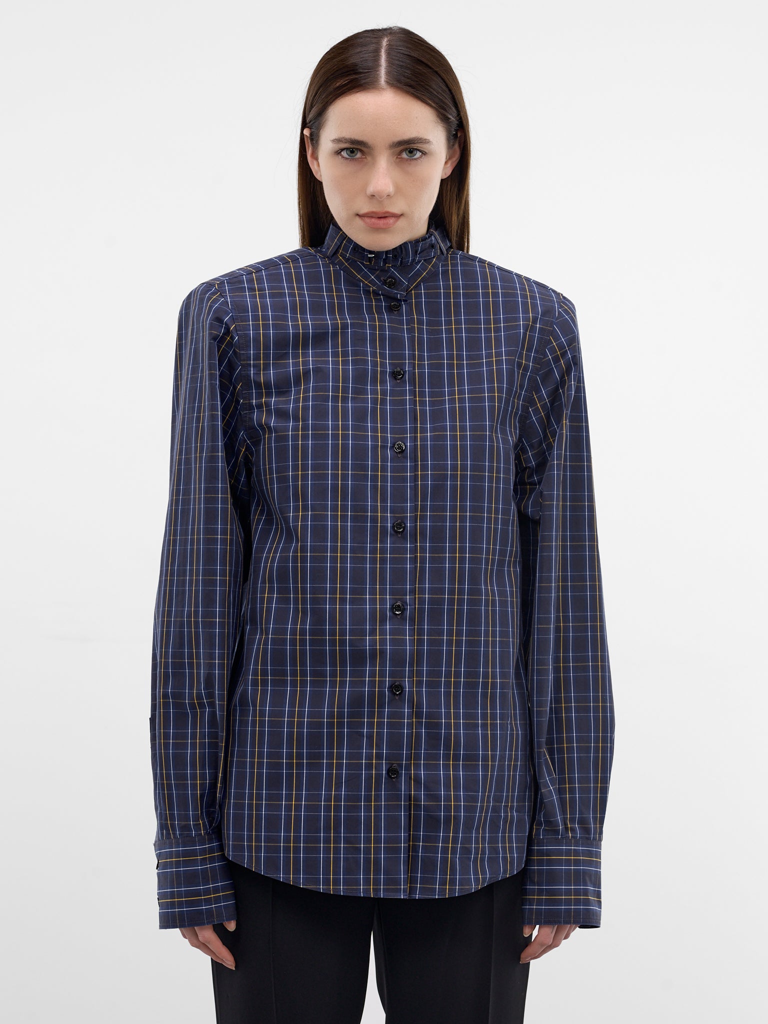 Plaid Belted Collar Button-Down Shirt (26P1T00856273-DARK-BLUE)